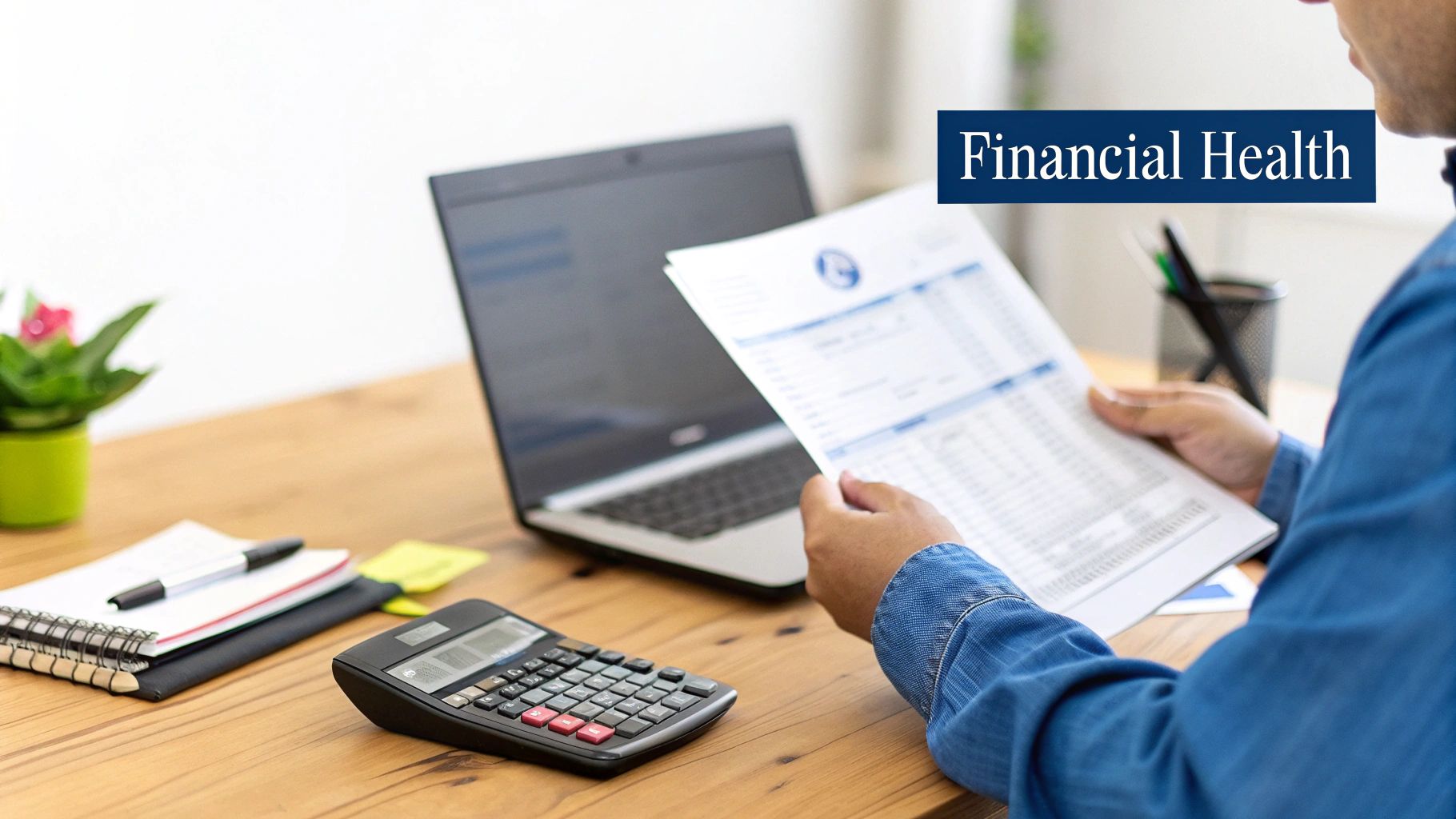 A person reviews financial documents with a laptop, calculator, and notepad on a wooden desk, signifying financial health.