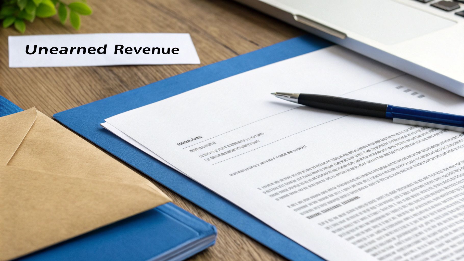 A paper with "Unearned Revenue" next to a document, pen, and laptop on a wooden desk.
