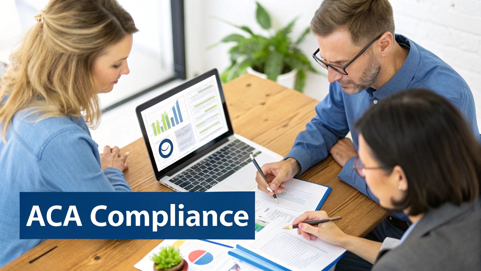 Three professionals review ACA compliance documents and data on a laptop in a collaborative meeting.