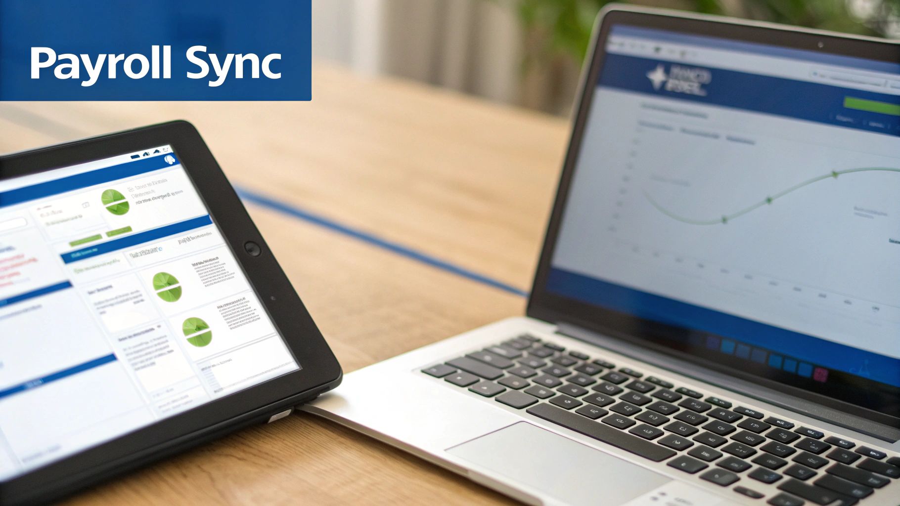 A tablet and laptop on a desk showing 'Payroll Sync' software with charts and data.
