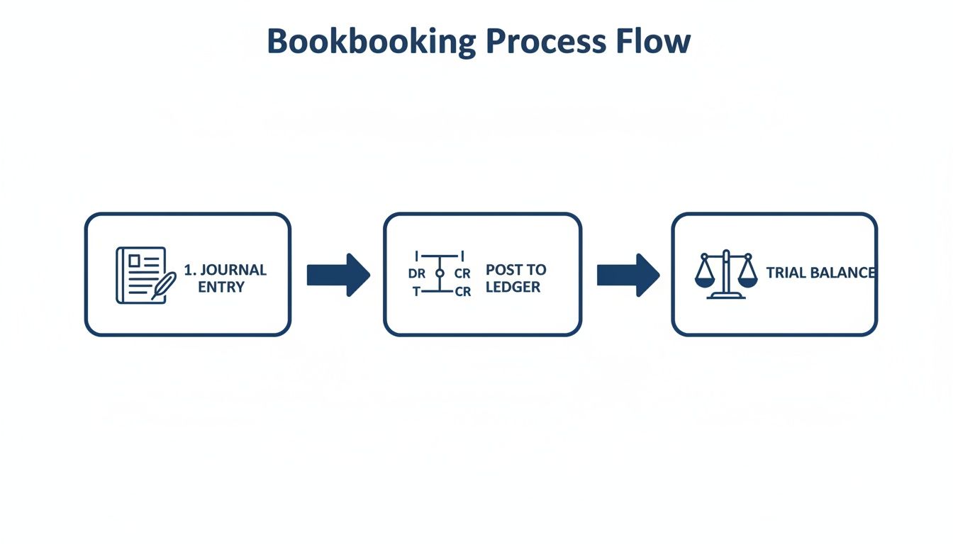 A flowchart illustrating the double-entry bookkeeping process, from journal entry to posting ledgers and trial balance.