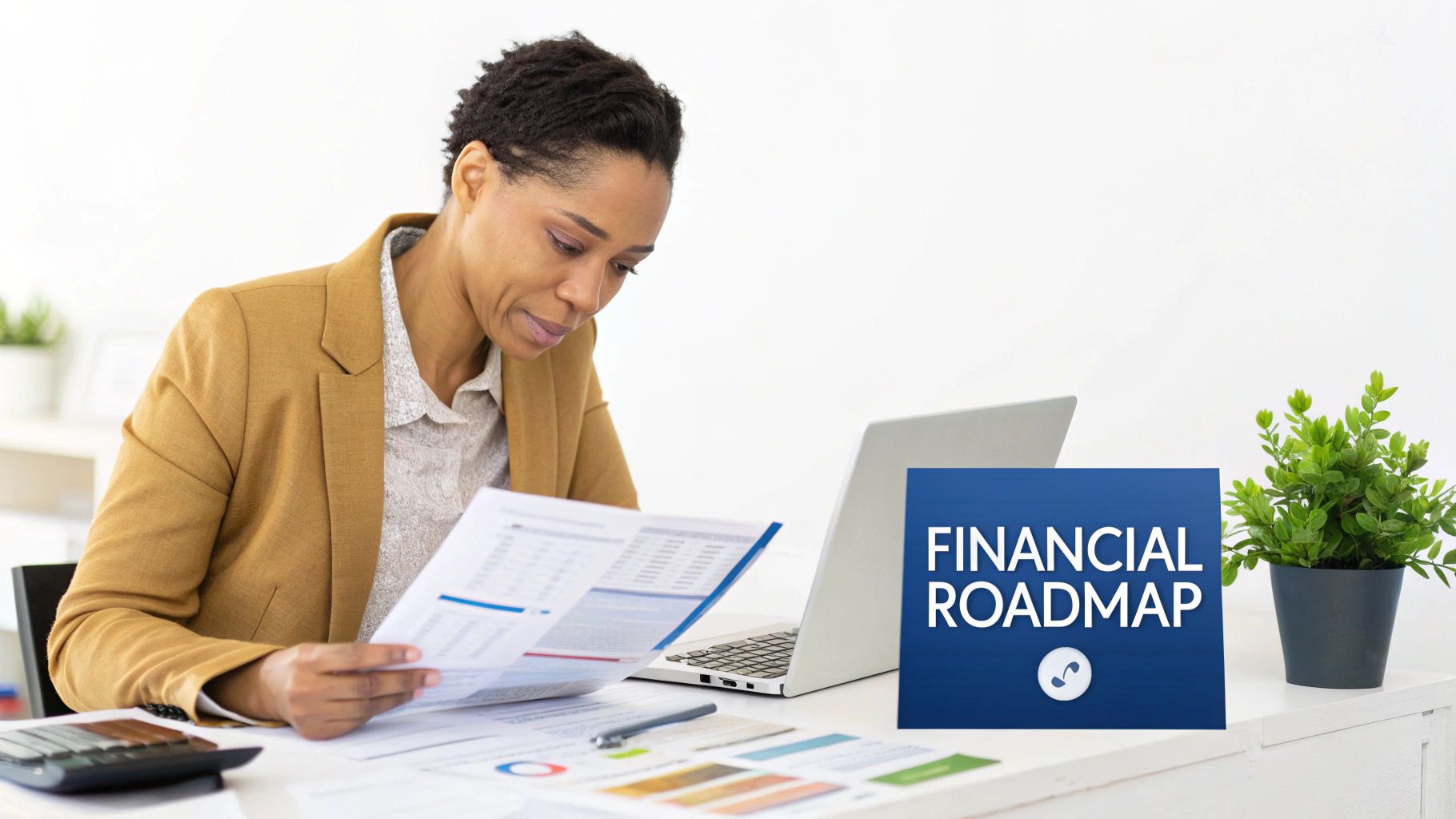 A woman reviews financial documents at her desk with a laptop and a 'Financial Roadmap' sign.