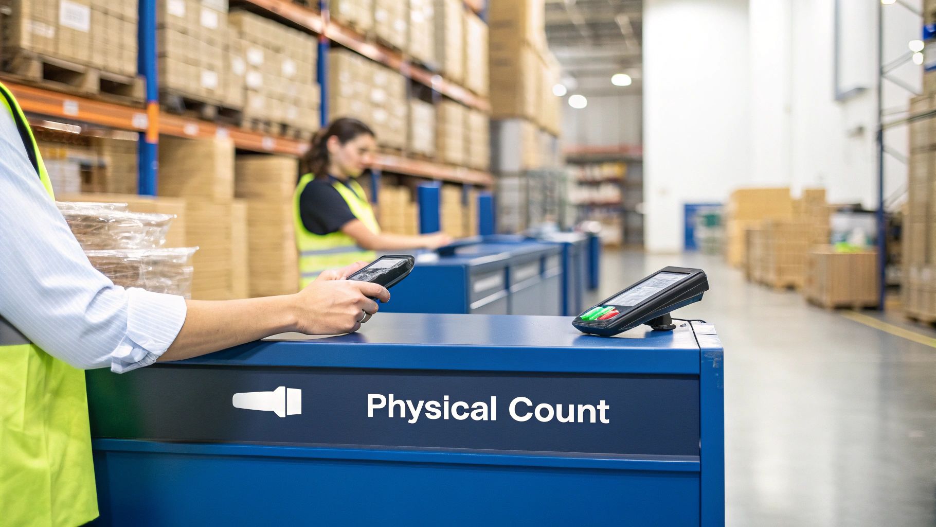Warehouse workers perform a physical inventory count using handheld scanners at a blue station.