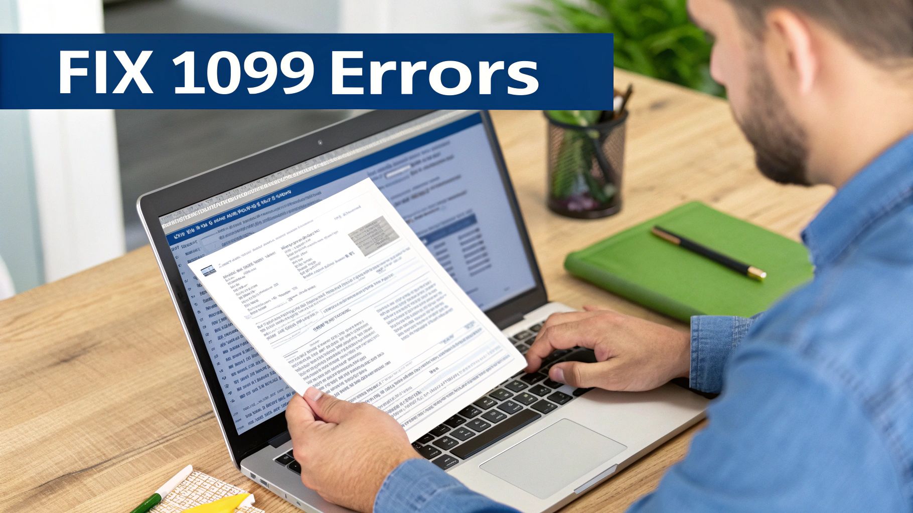 Person reviewing 1099 tax forms on a laptop to fix errors.