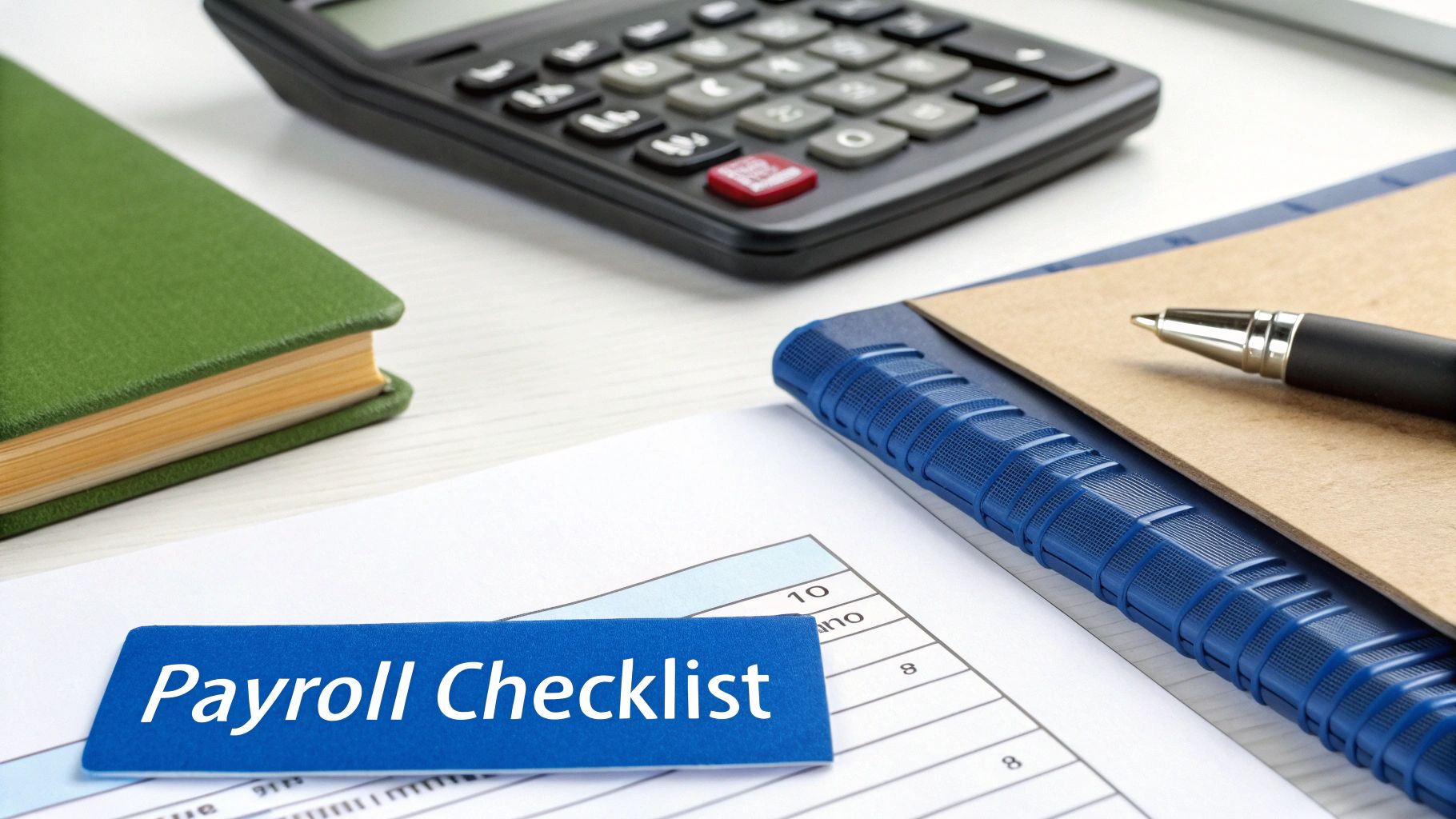 A payroll checklist card on a document, next to a calculator, green book, and blue folder, symbolizing financial management.