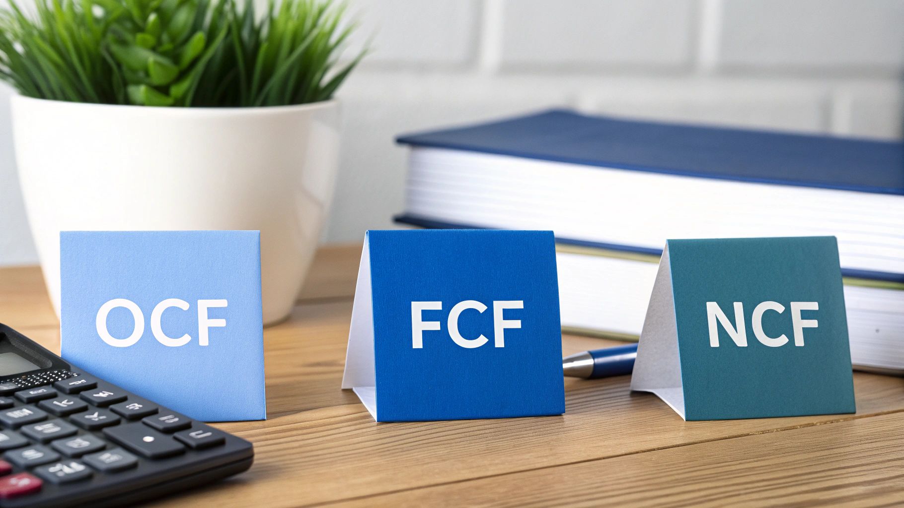 Three blue-toned cards displaying OCF, FCF, and NCF financial abbreviations on a wooden desk.