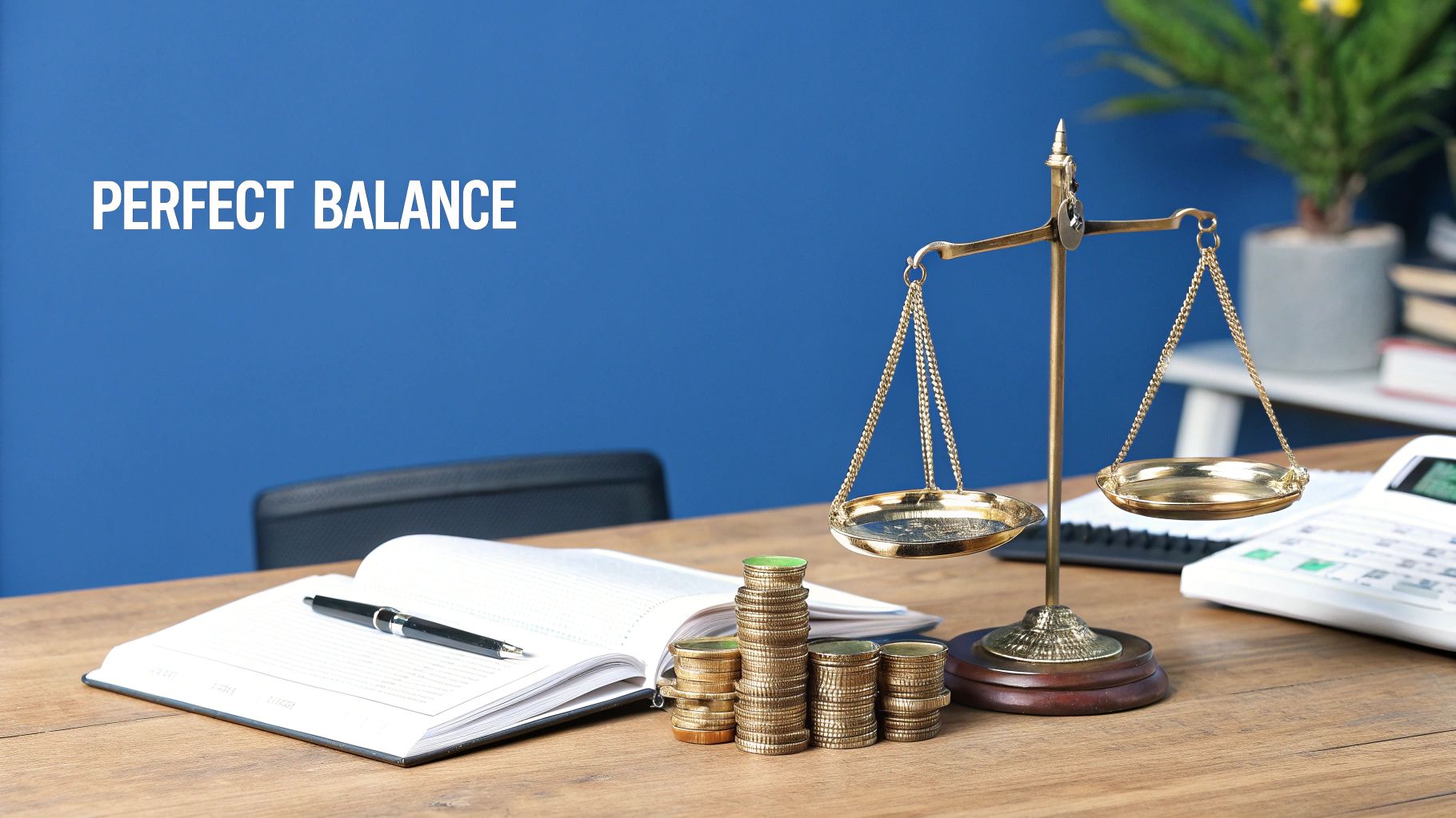 A balance scale, stacks of coins, and a notebook on a wooden desk with 'PERFECT BALANCE' text.
