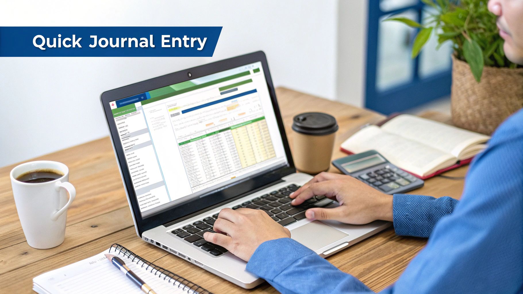 Person making a quick journal entry on a laptop with a calculator and coffee on a wooden desk.