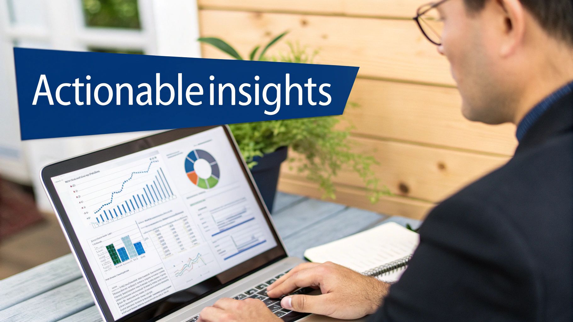 A person views a laptop displaying various data charts and graphs, with "Actionable insights" text.