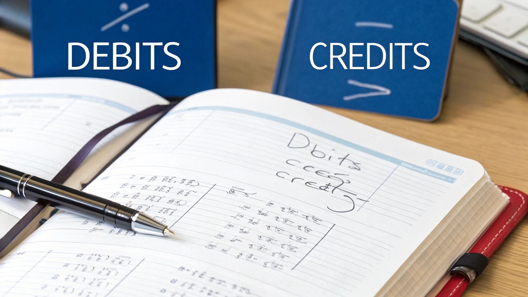An open notebook with a pen and handwritten notes, flanked by blue cards labeled 'DEBITS' and 'CREDITS'.