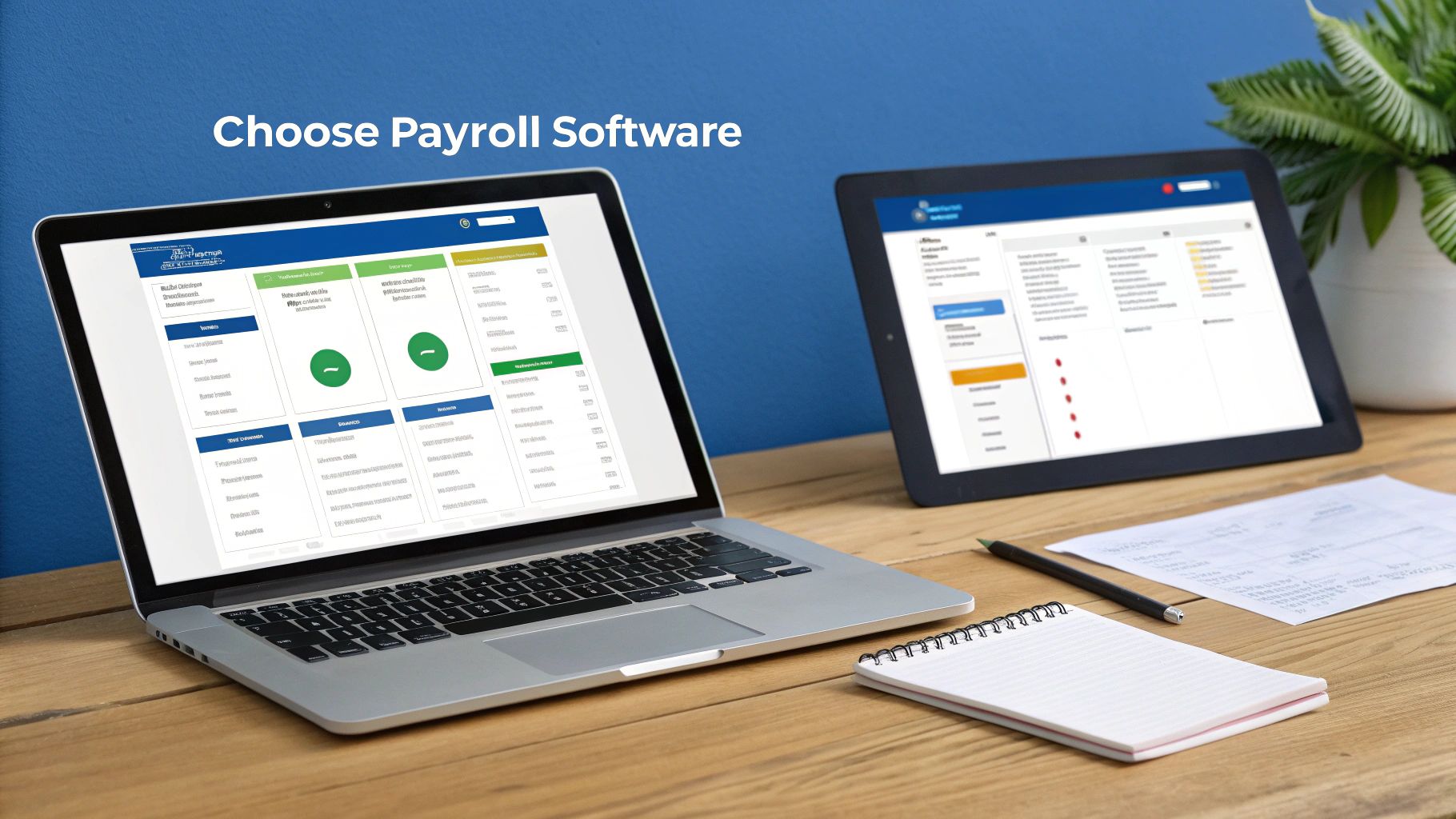 A laptop and tablet display payroll software comparison interfaces on a wooden desk with office supplies.