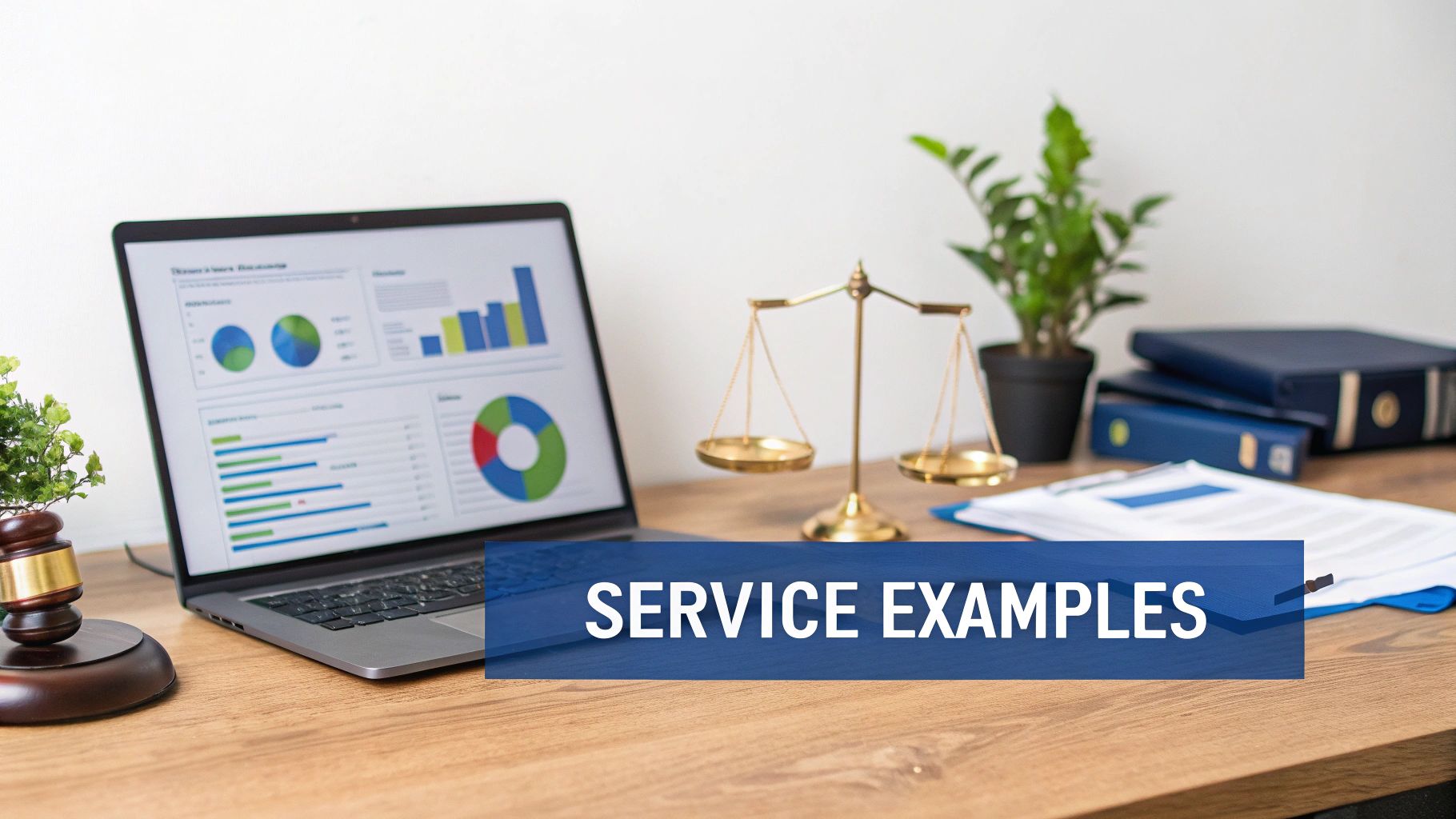 Business and legal items on a desk, including a laptop with charts, a scale, and binders.