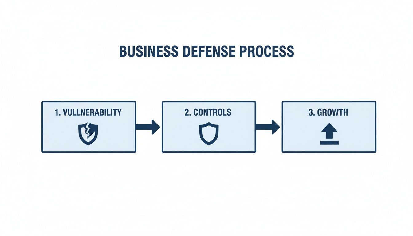 Flowchart illustrating the business defense process: identifying vulnerabilities, implementing controls, and achieving growth.