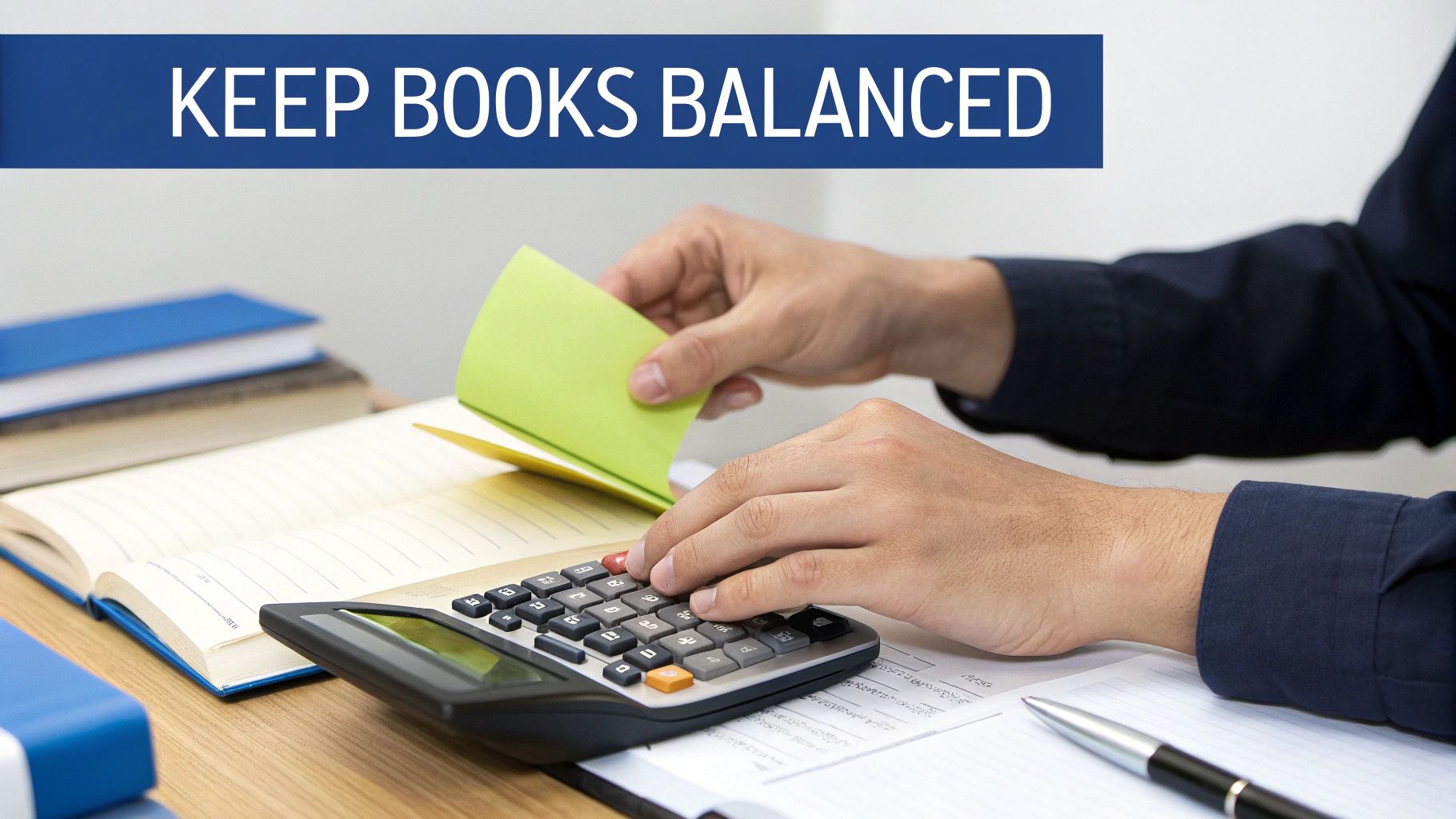 A person's hands using a calculator and notepad to keep books balanced on a desk.