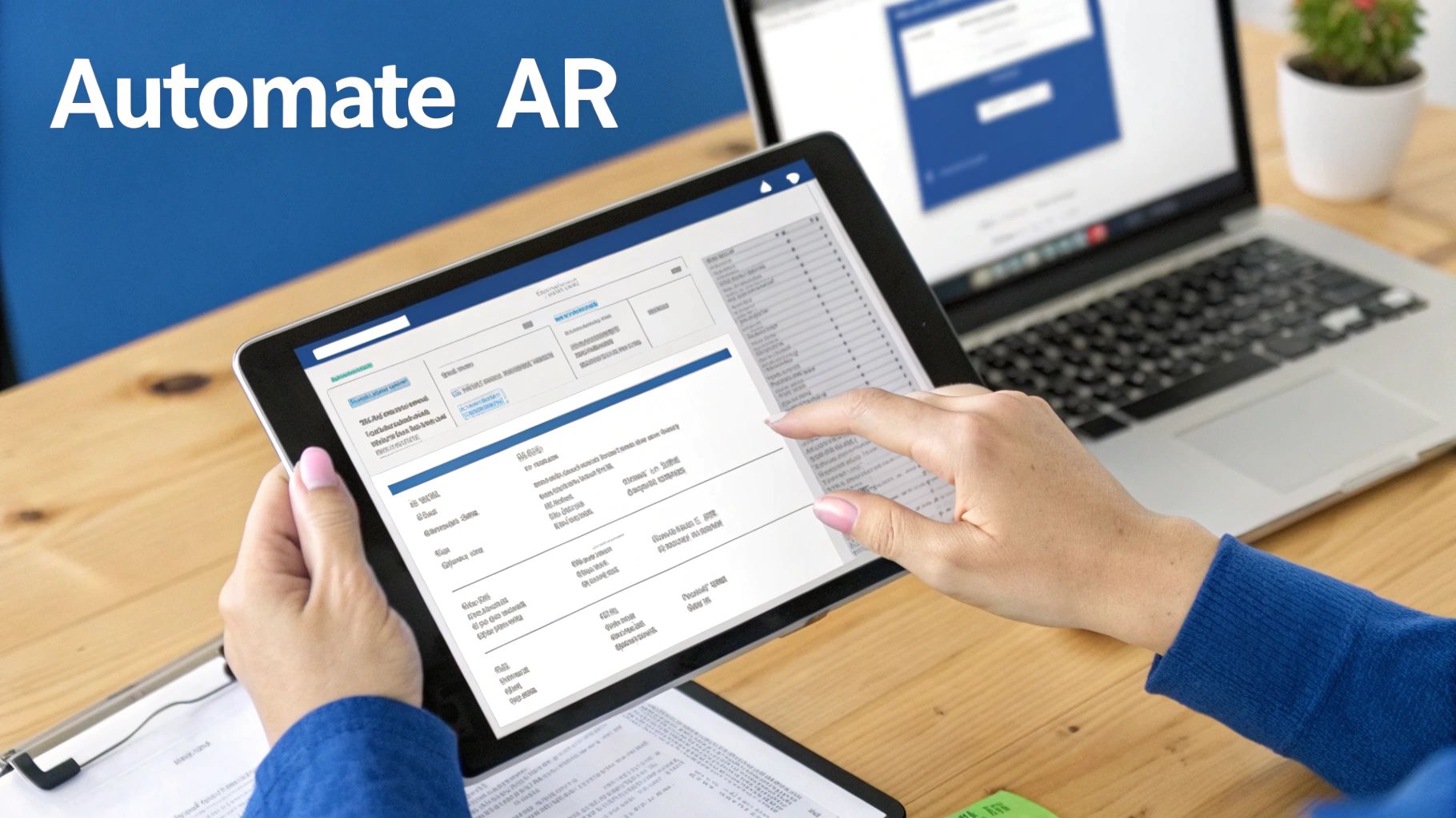 Hands interact with a tablet displaying business data, next to a laptop, with text 'Automate AR'.