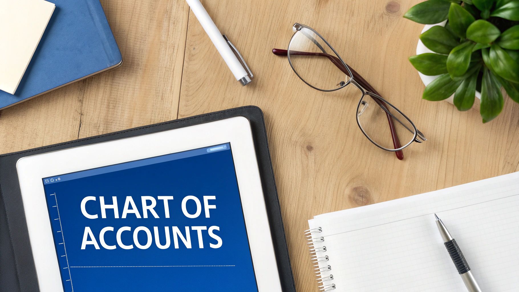 Overhead view of a modern accounting workspace with a tablet showing 'Chart of Accounts' and office supplies.