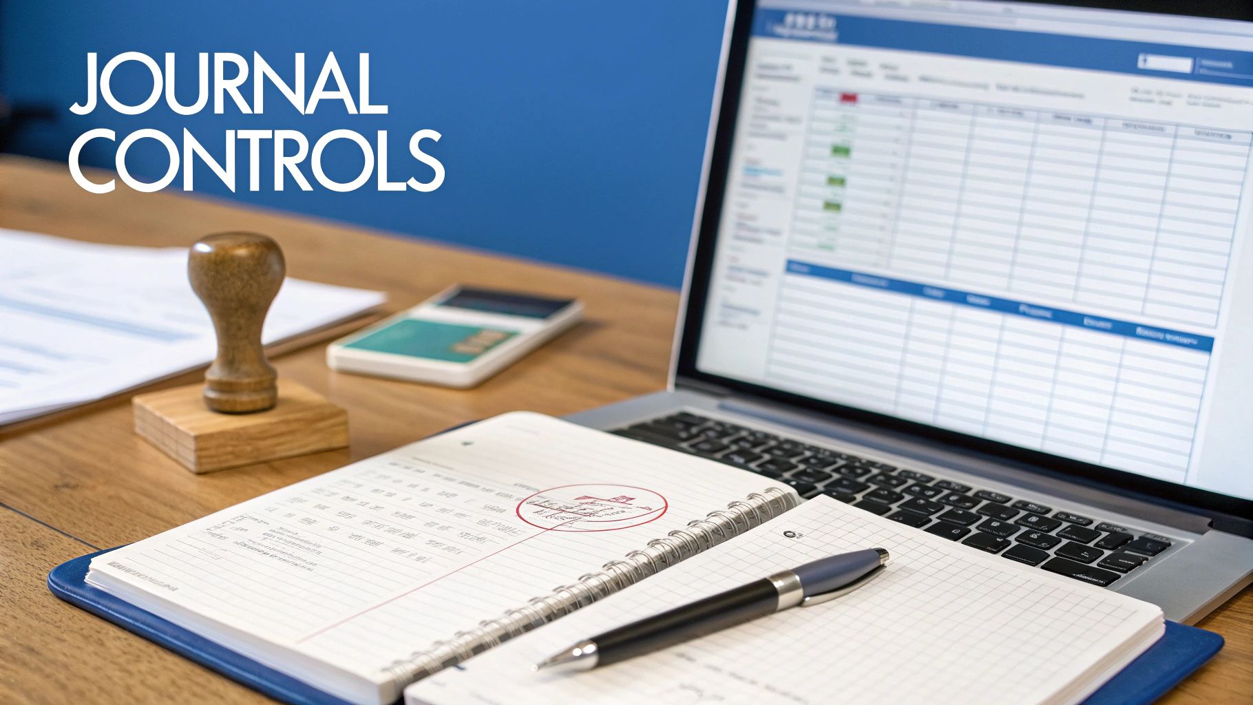 A desk with a laptop, notebook, pen, and stamp, illustrating financial journal controls process.