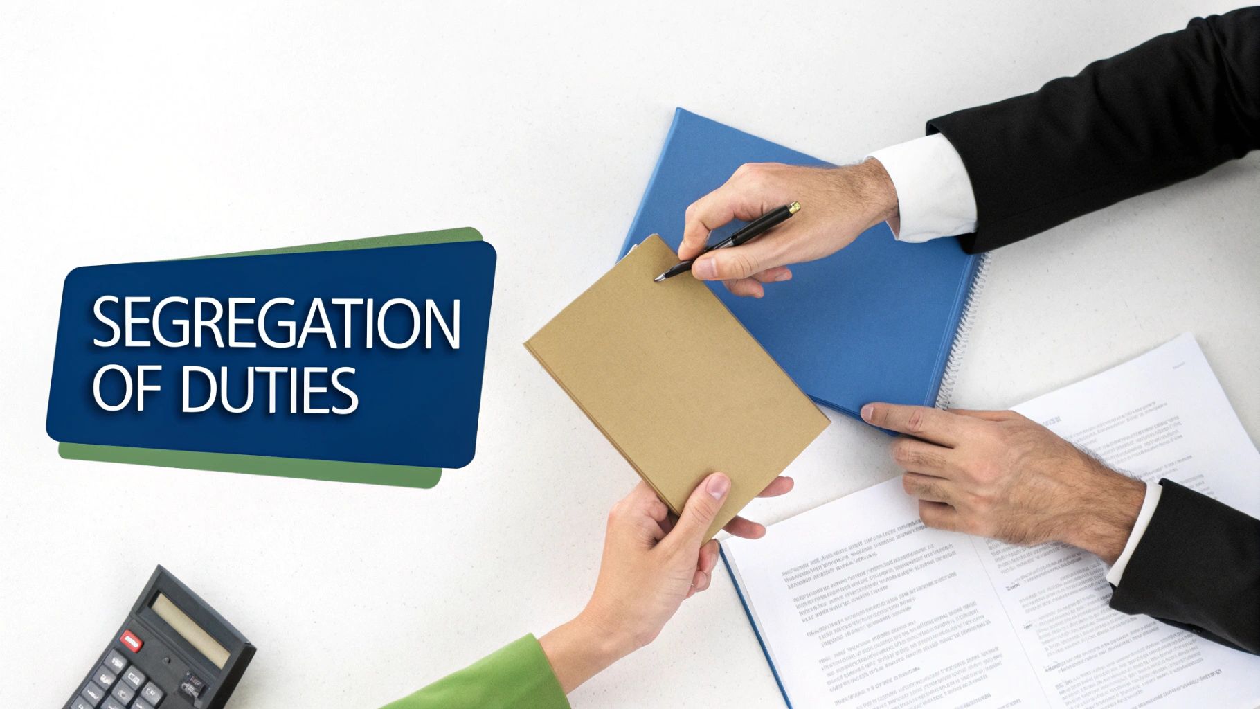 Hands exchanging documents on a desk with 'Segregation of Duties' text, symbolizing financial controls.
