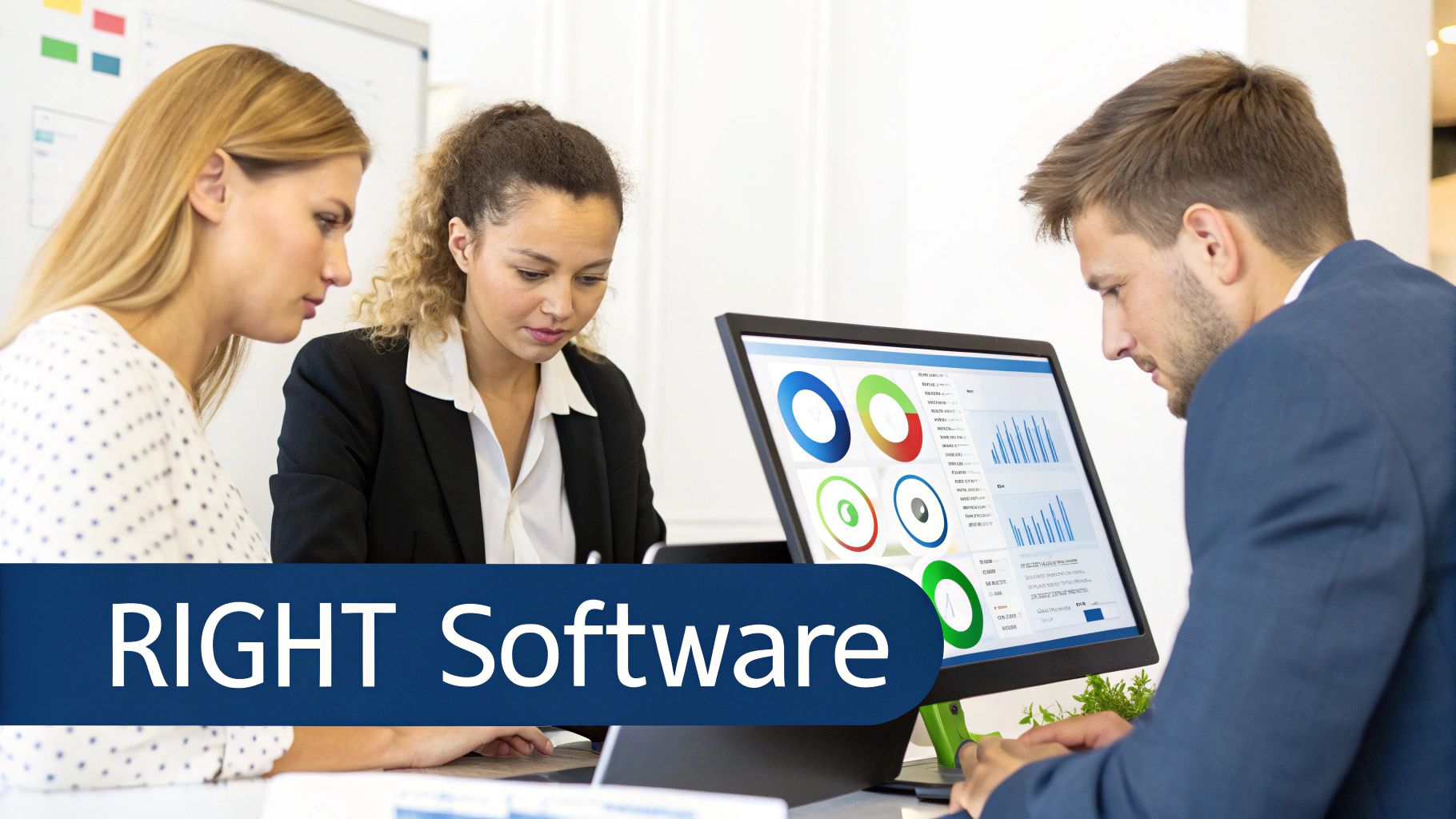 Three business professionals analyze data on a computer screen, reviewing charts and graphs together.