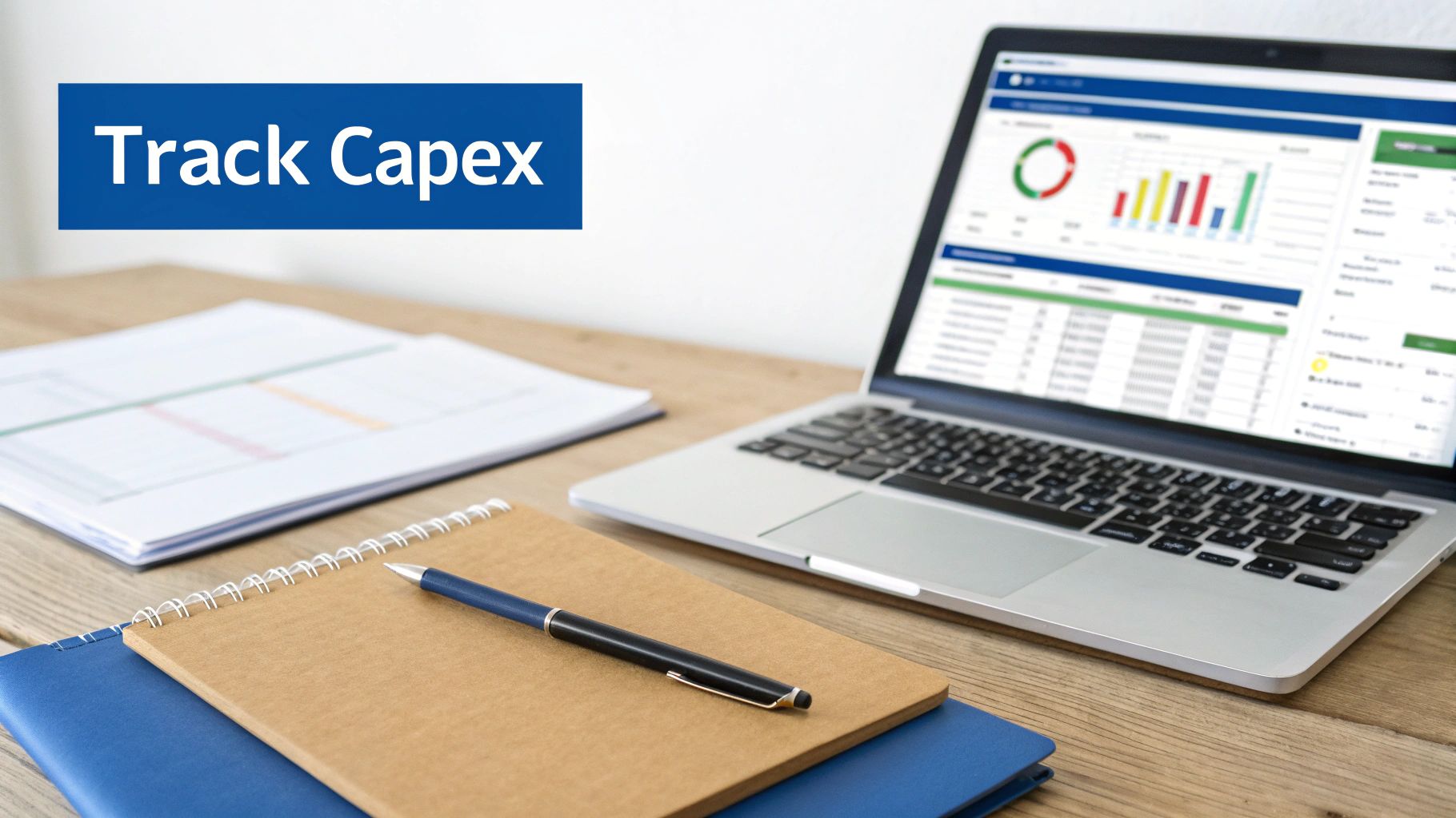 A laptop screen displays financial charts and data, alongside documents, a notebook, and a pen. A blue banner says "Track Capex."