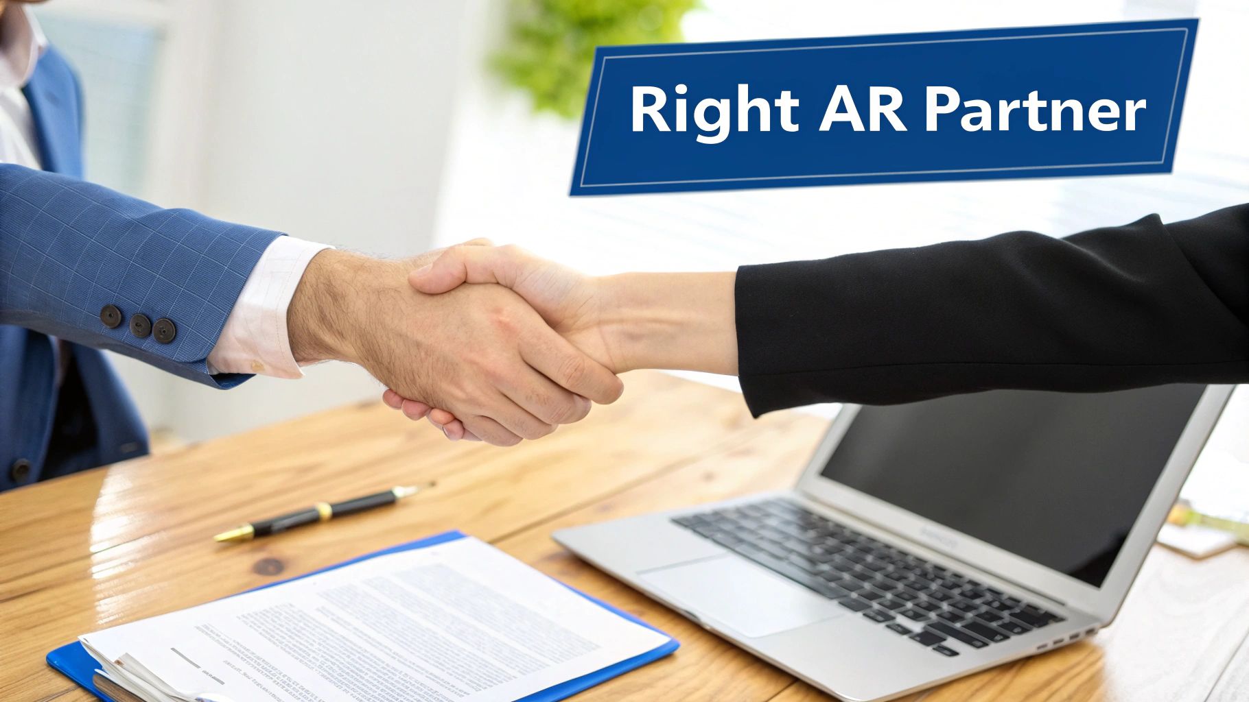 Two business people shake hands over a desk with a laptop and documents, featuring text "Right AR Partner".