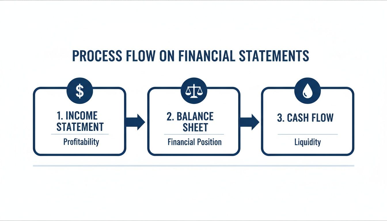 A process flow diagram illustrating the preparation steps of financial statements: Income Statement, Balance Sheet, and Cash Flow.