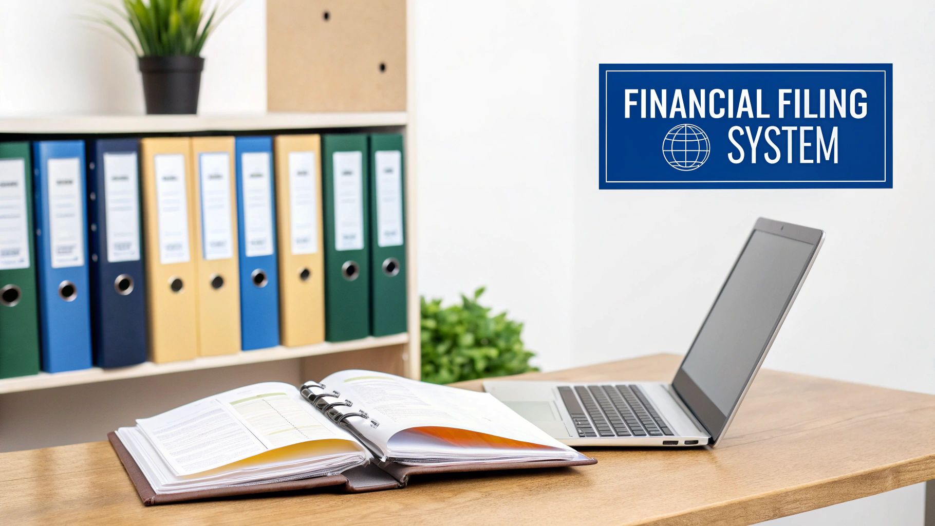 An organized office workspace with financial binders, an open notebook, and a laptop on a wooden desk, emphasizing a financial filing system.