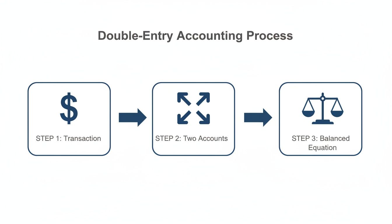 A diagram illustrating the three steps of the Double-Entry Accounting Process.