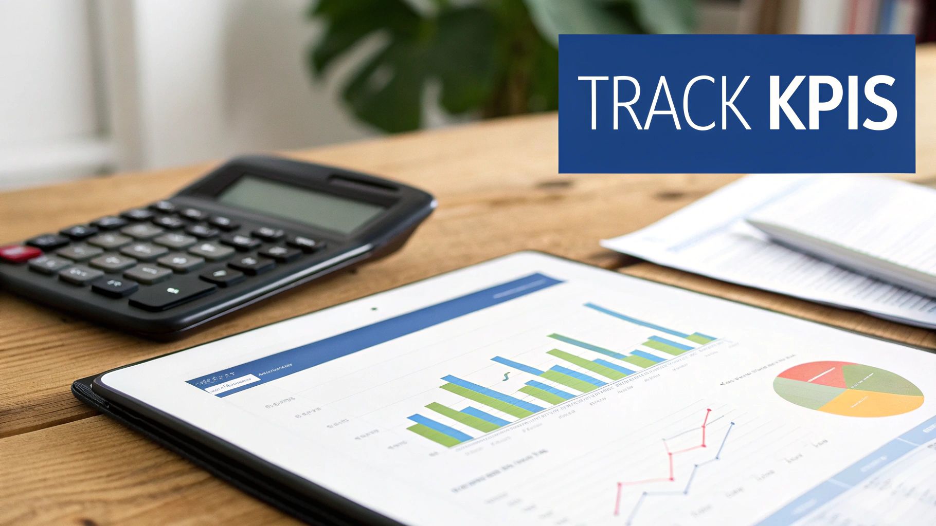 A desk with a calculator, tablet displaying business charts, and papers, with 'TRACK KPIS' overlay.