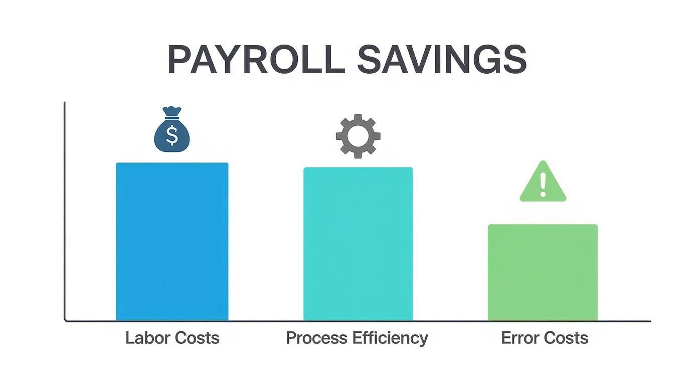 Bar chart illustrating payroll savings through reduced labor, improved efficiency, and fewer error costs.
