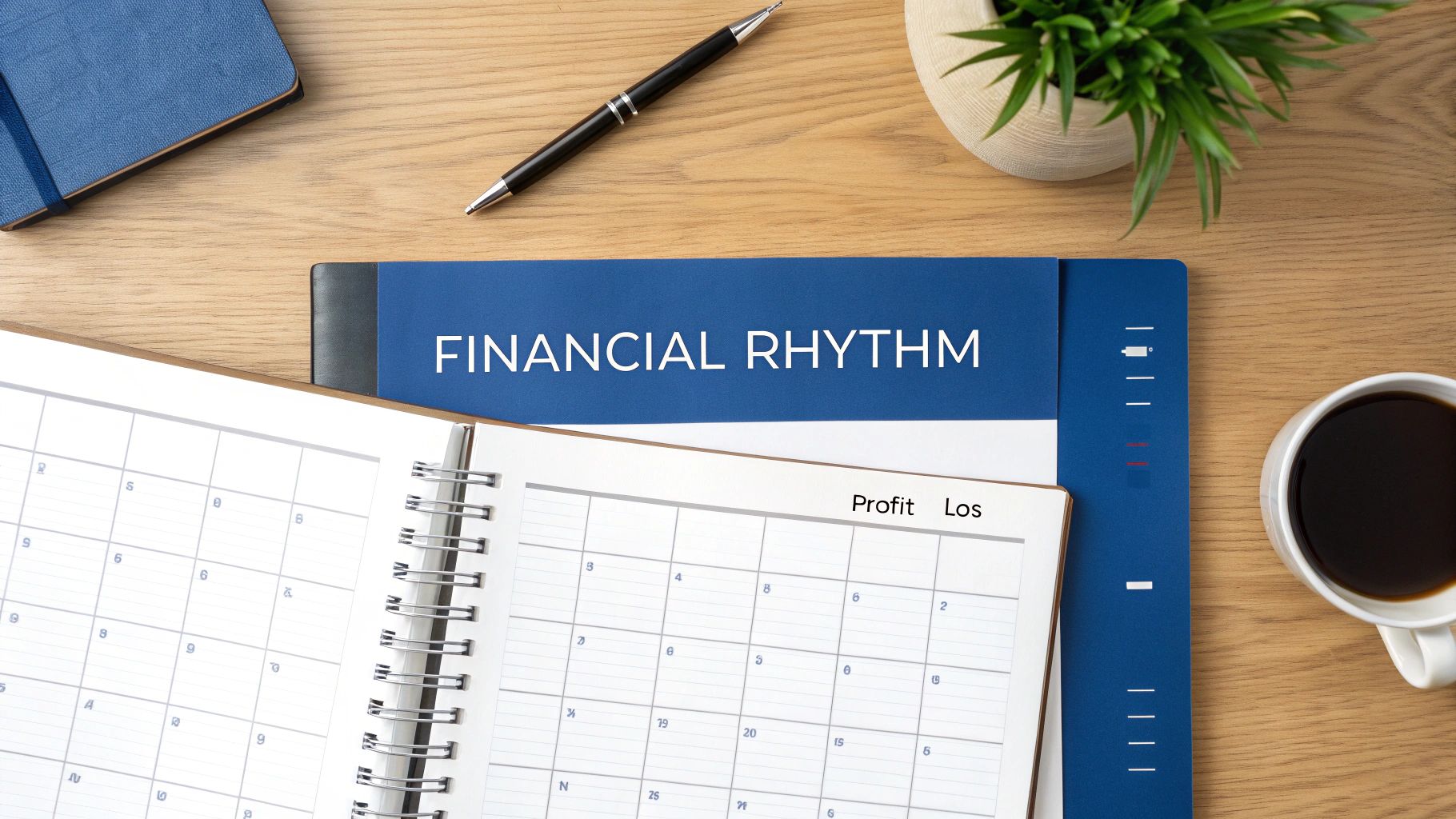 Overhead shot of a wooden desk with a folder labeled 'Financial Rhythm', an open planner, a pen, and coffee.