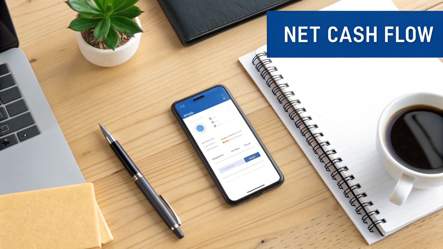 Desk flatlay with a smartphone displaying financial app, laptop, pen, coffee, and 'NET CASH FLOW' text.