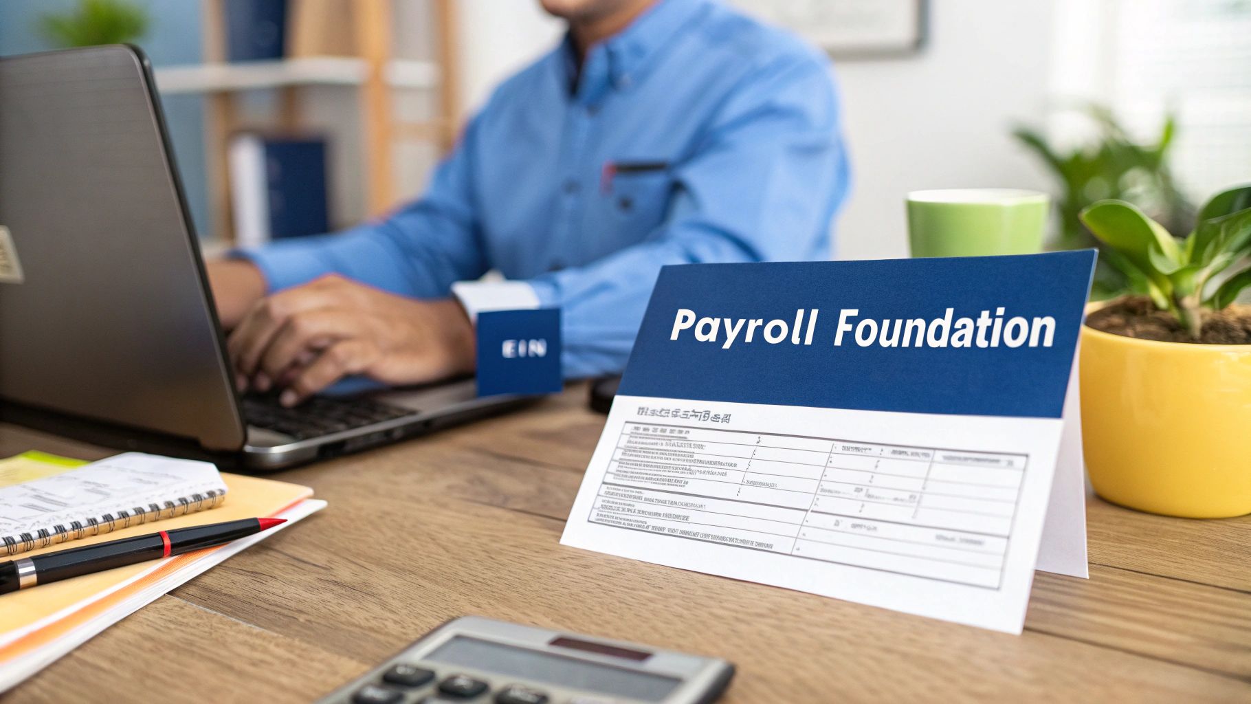 A person working on a laptop with payroll foundation documents, a calculator, and office supplies on a wooden desk.