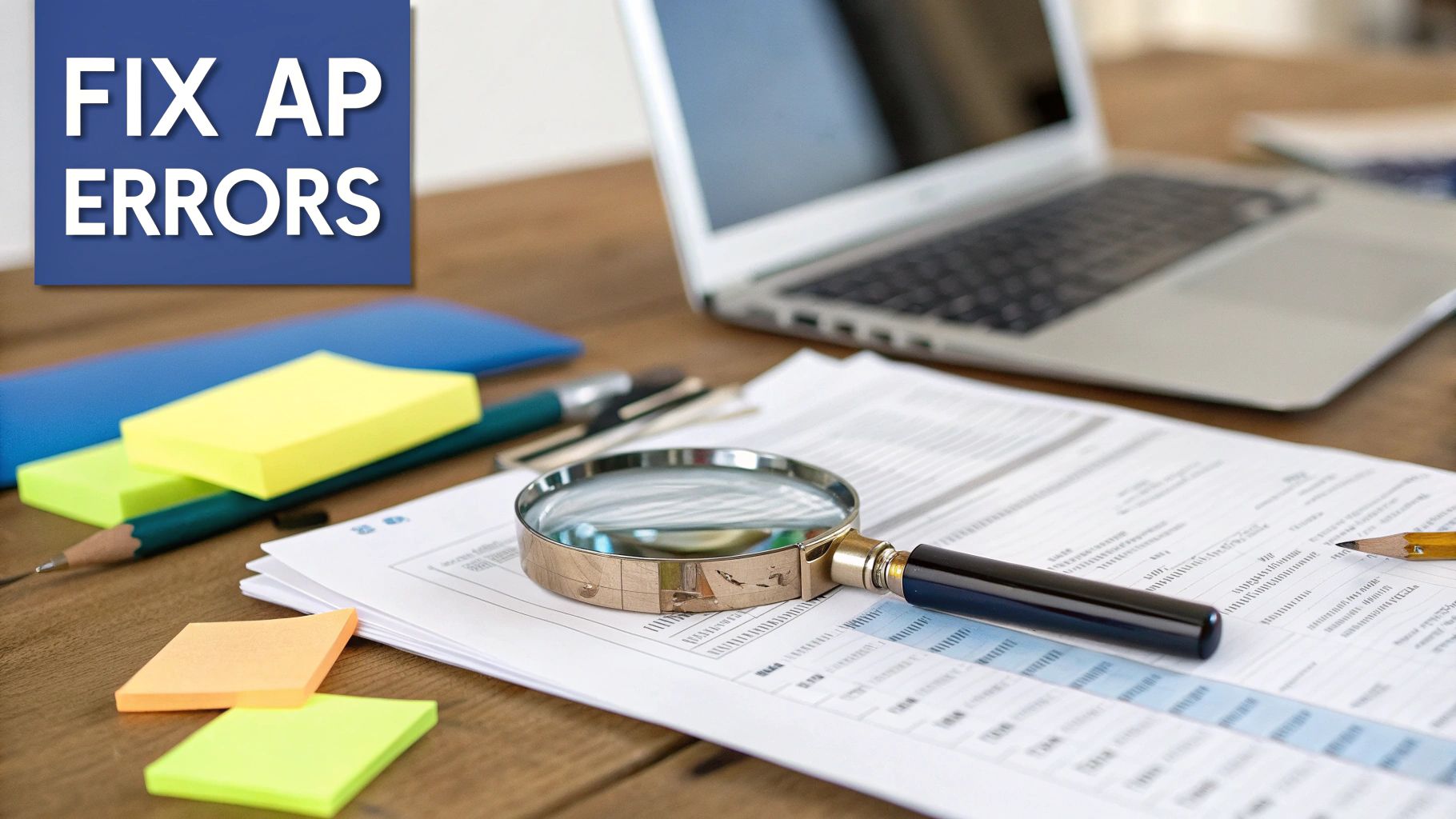 Desk with laptop, financial documents, magnifying glass, and blue box stating 'FIX AP ERRORS'.