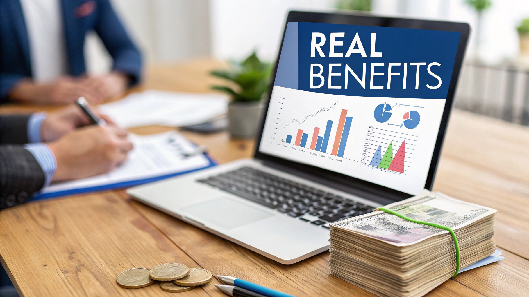 A laptop displays financial charts and 'REAL BENEFITS' text, next to money and coins.