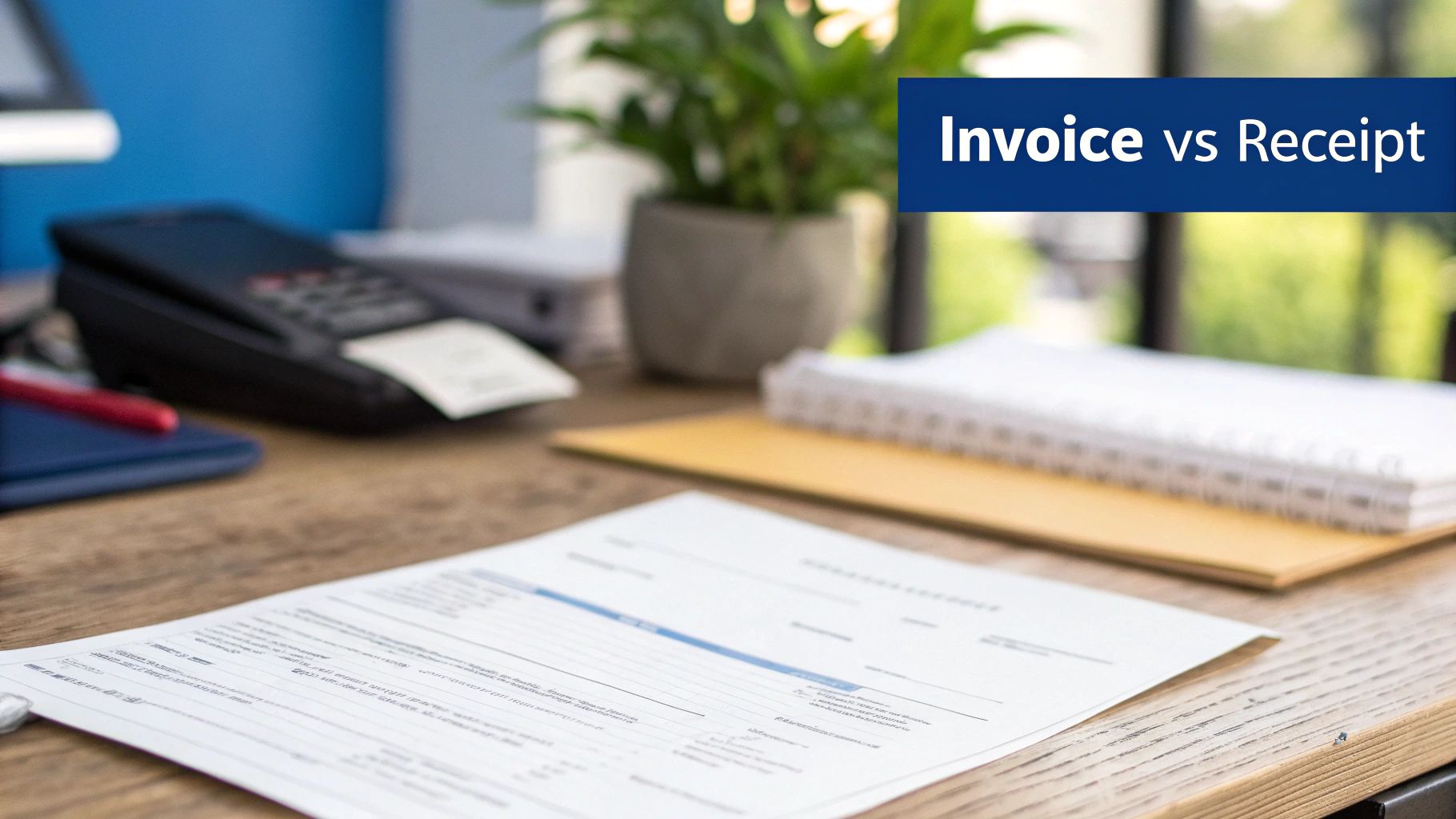 Office desk with invoice document, calculator, notepad and plant discussing invoice versus receipt comparison