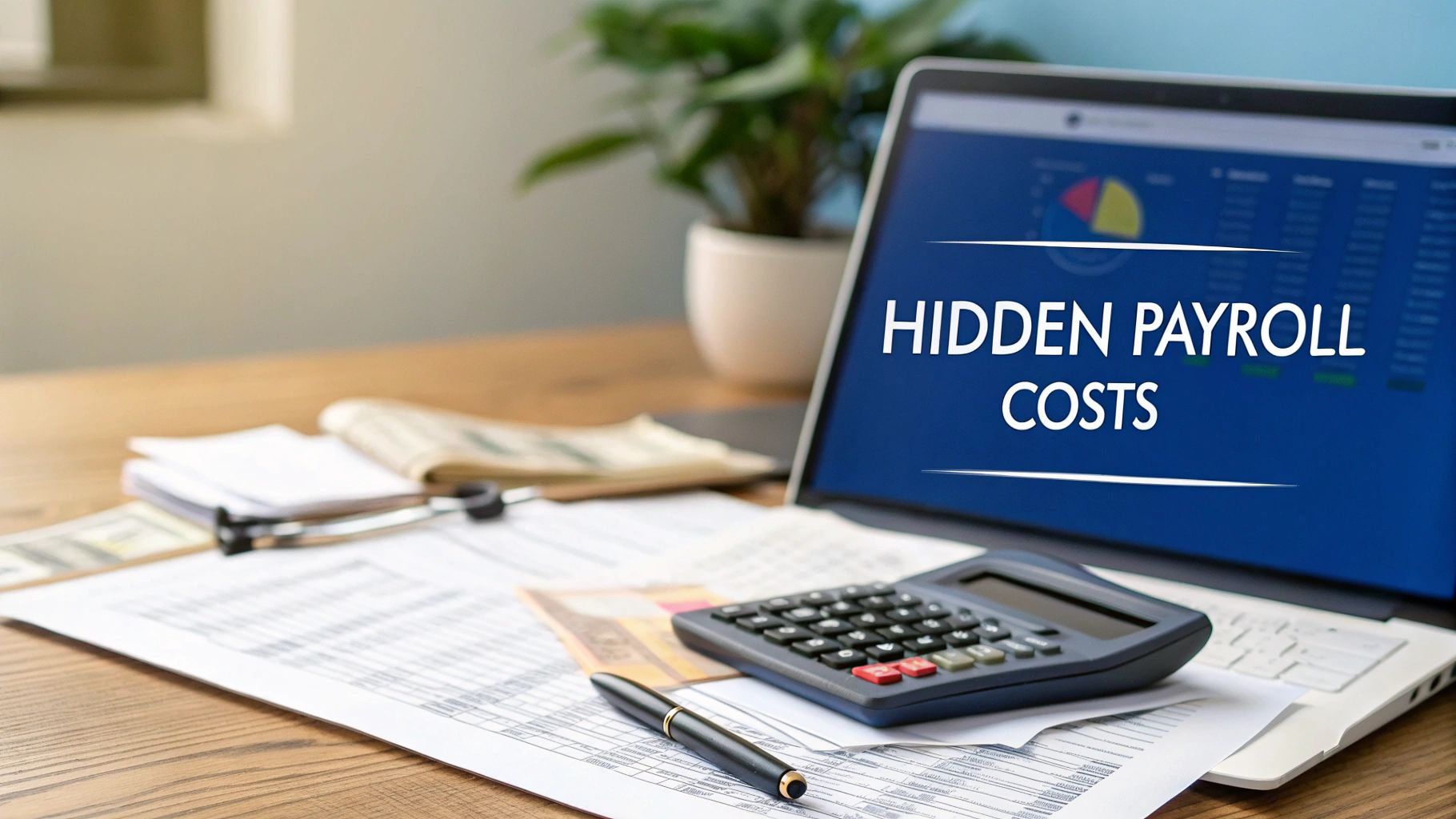 A laptop displaying 'Hidden Payroll Costs' on its screen, with financial documents and a calculator on a desk.
