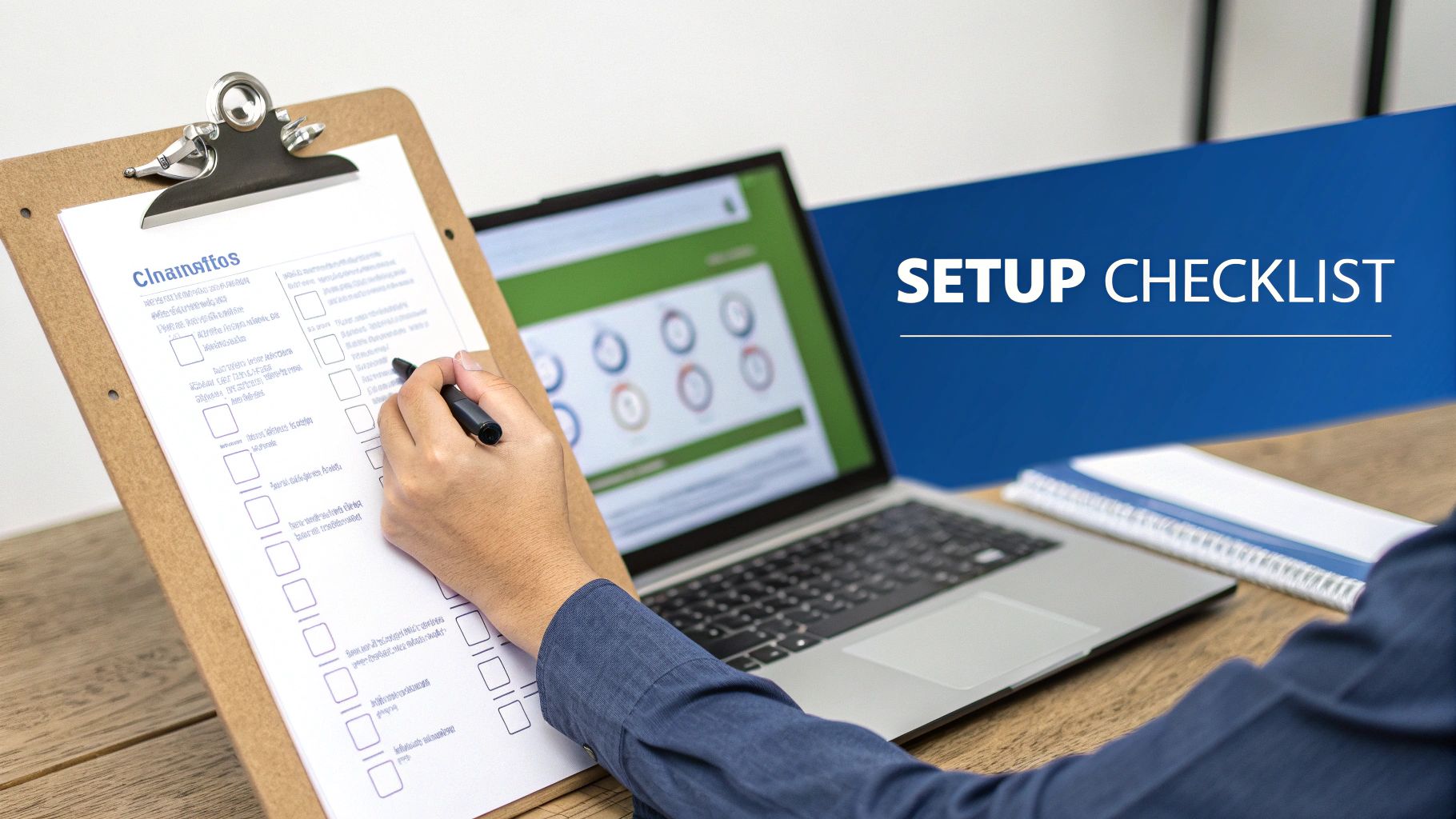 A person's hand marking items on a "SETUP CHECKLIST" with a pen, next to a laptop showing data charts.