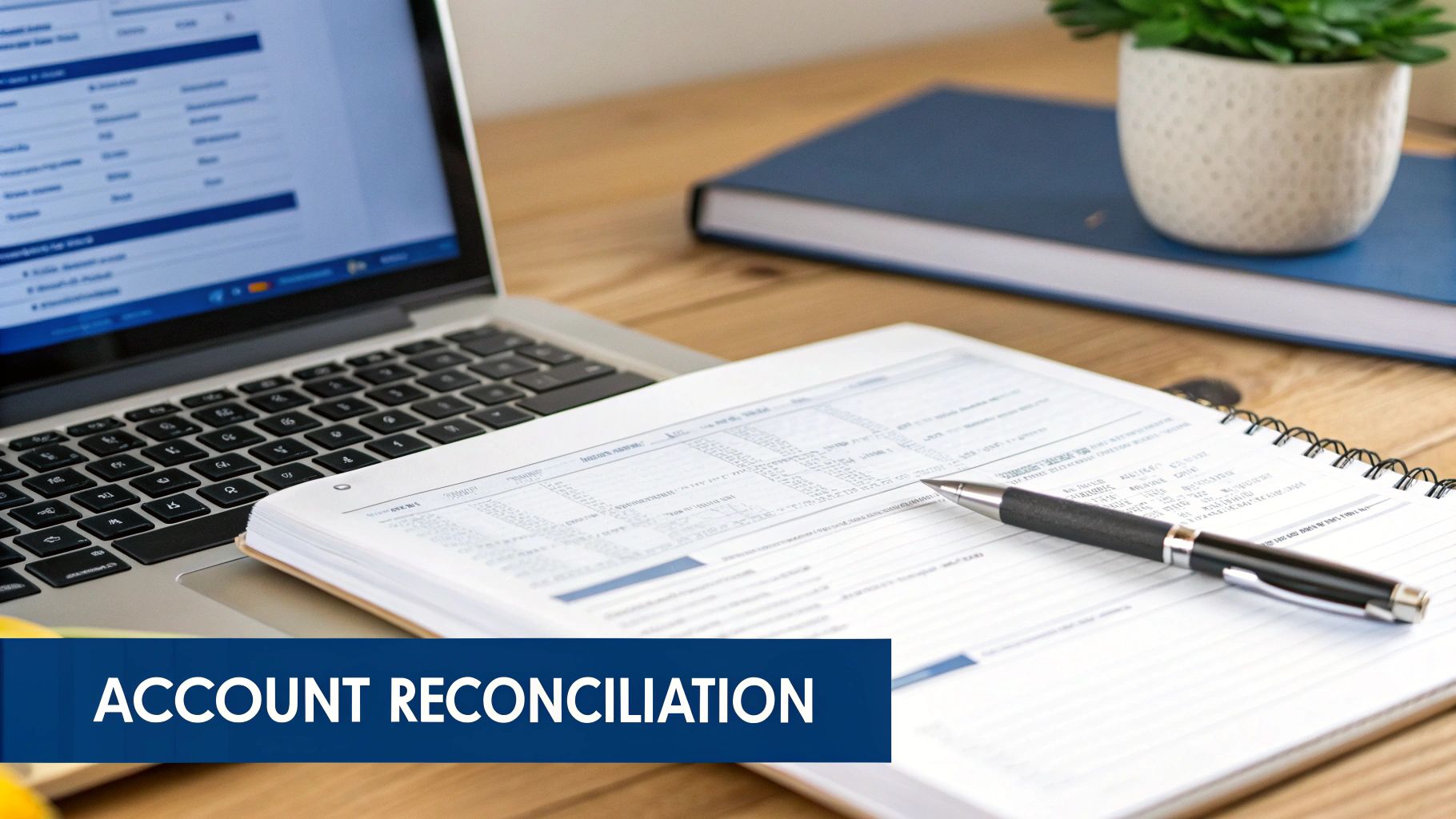 A desk with a laptop displaying financial data, an open notebook with a pen, and a plant.