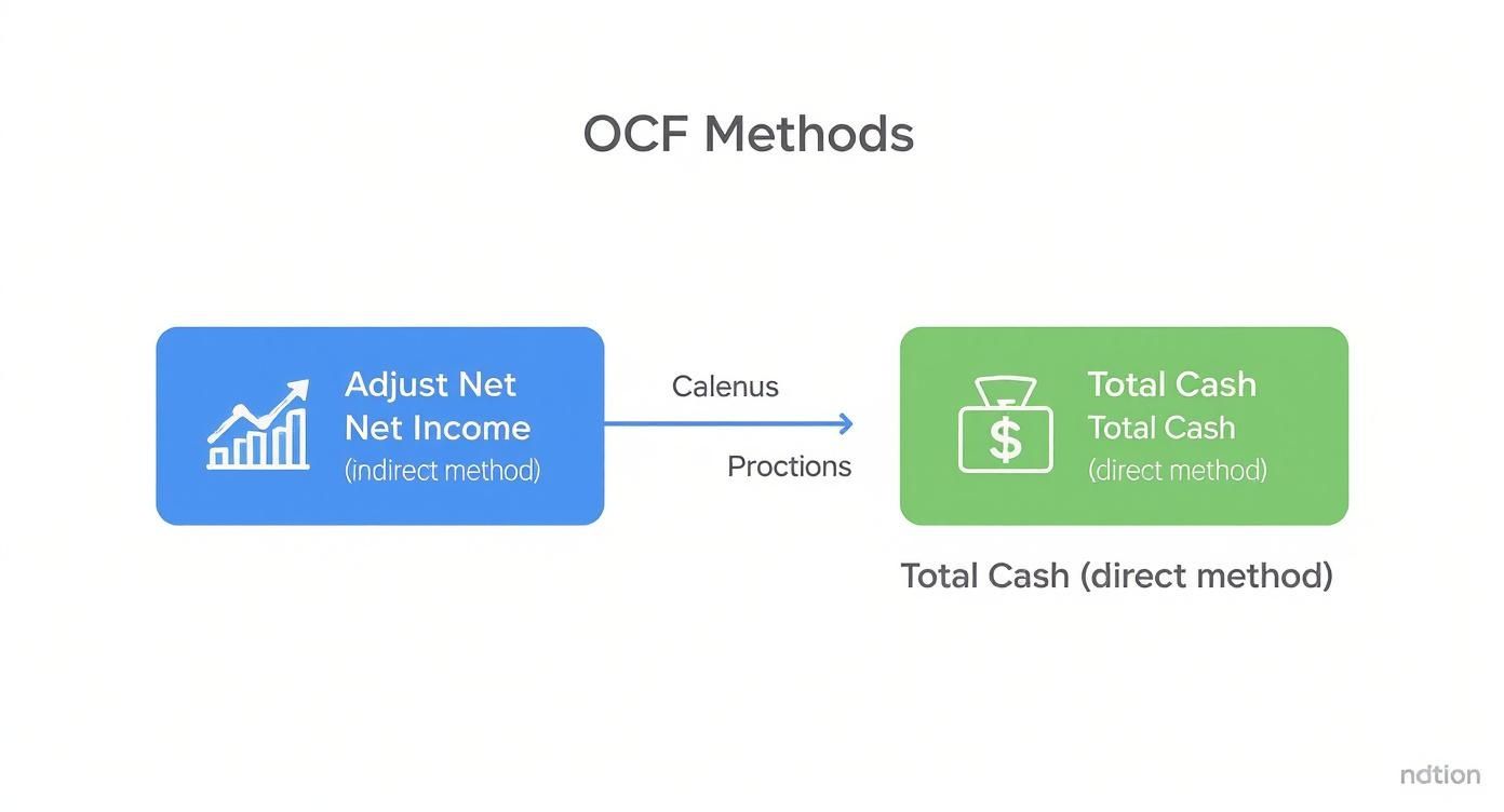Diagram illustrates Operating Cash Flow (OCF) methods, detailing the indirect and direct approaches to calculating total cash.