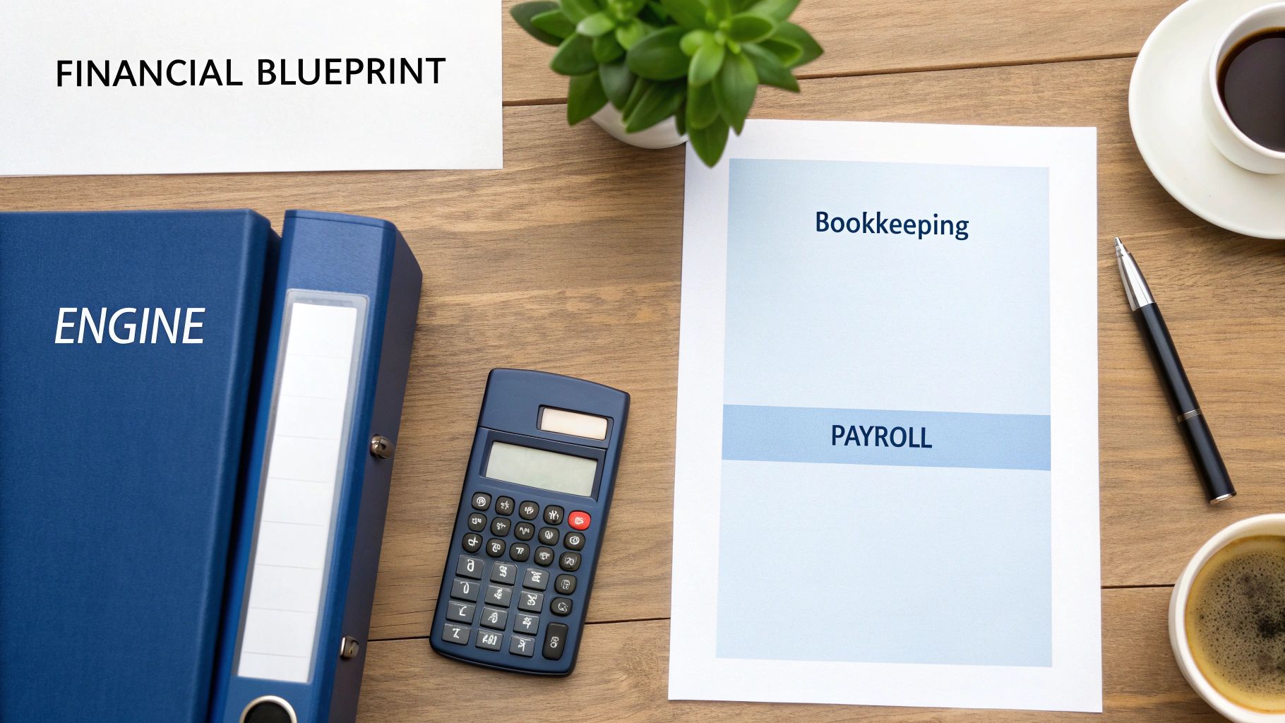 Overhead view of a desk with 'FINANCIAL BLUEPRINT' paper, 'ENGINE' binders, calculator, and 'Bookkeeping Payroll' document.