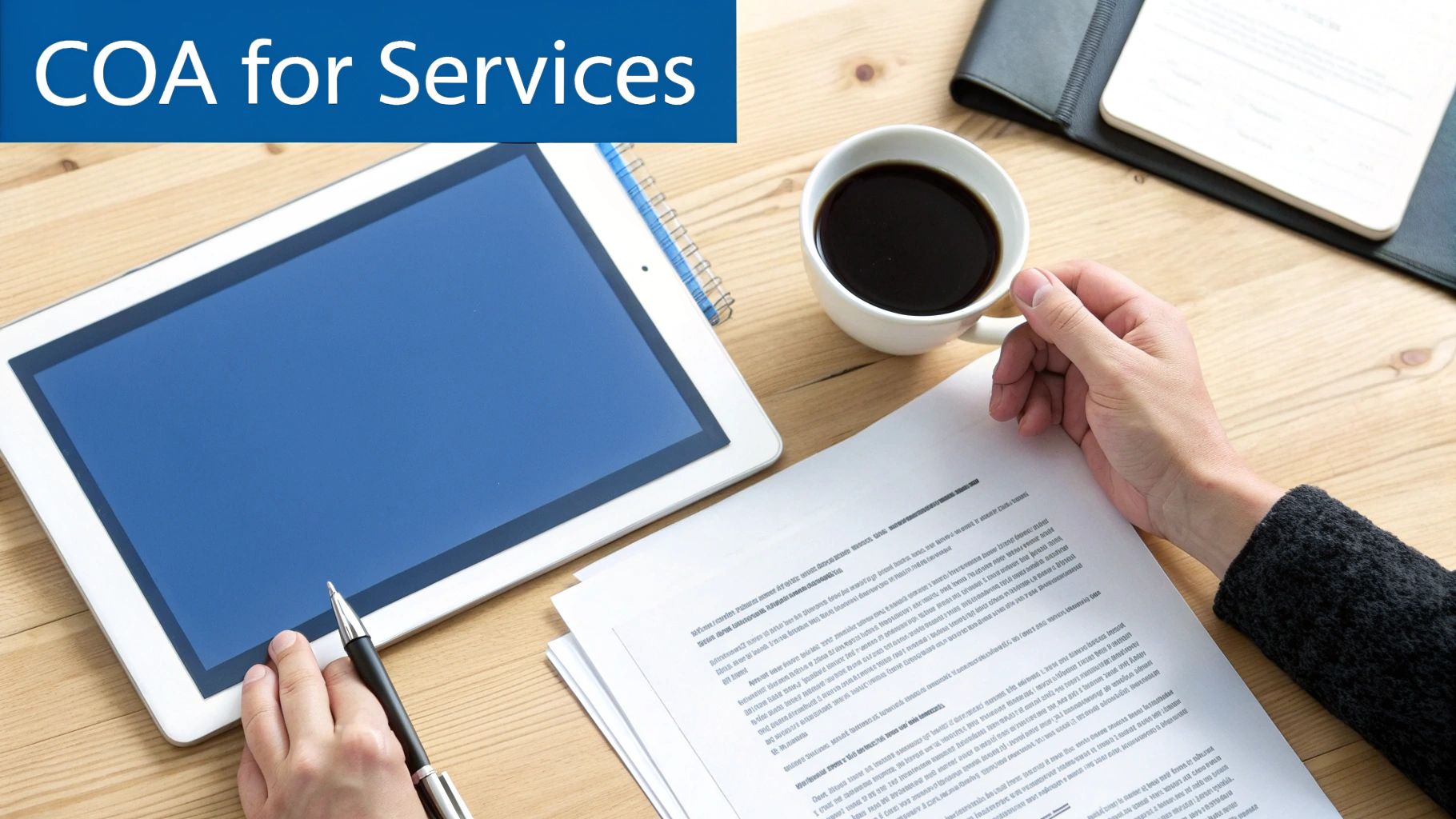 A person reviews documents on a wooden desk with a tablet, coffee, and a notebook, text 'COA for Services'.