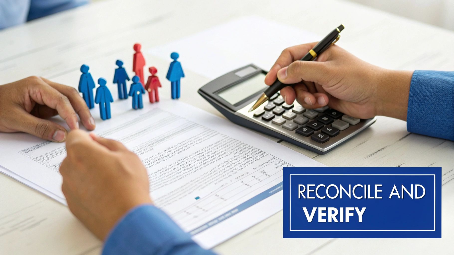 Hands using a calculator and reviewing documents with miniature people figures, symbolizing financial reconciliation.