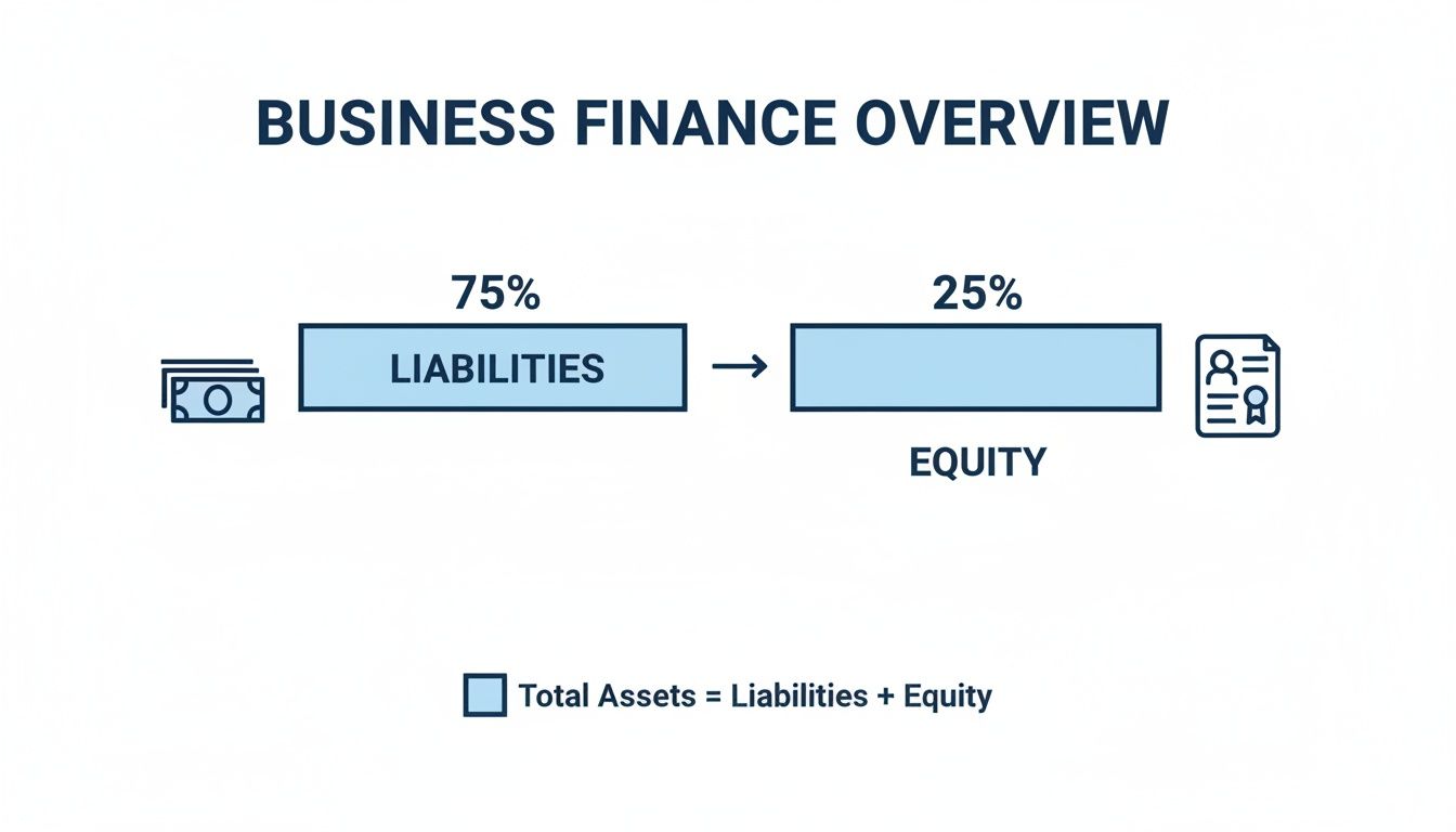 Diagram showing business finance overview: 75% liabilities and 25% equity, illustrating assets formula.