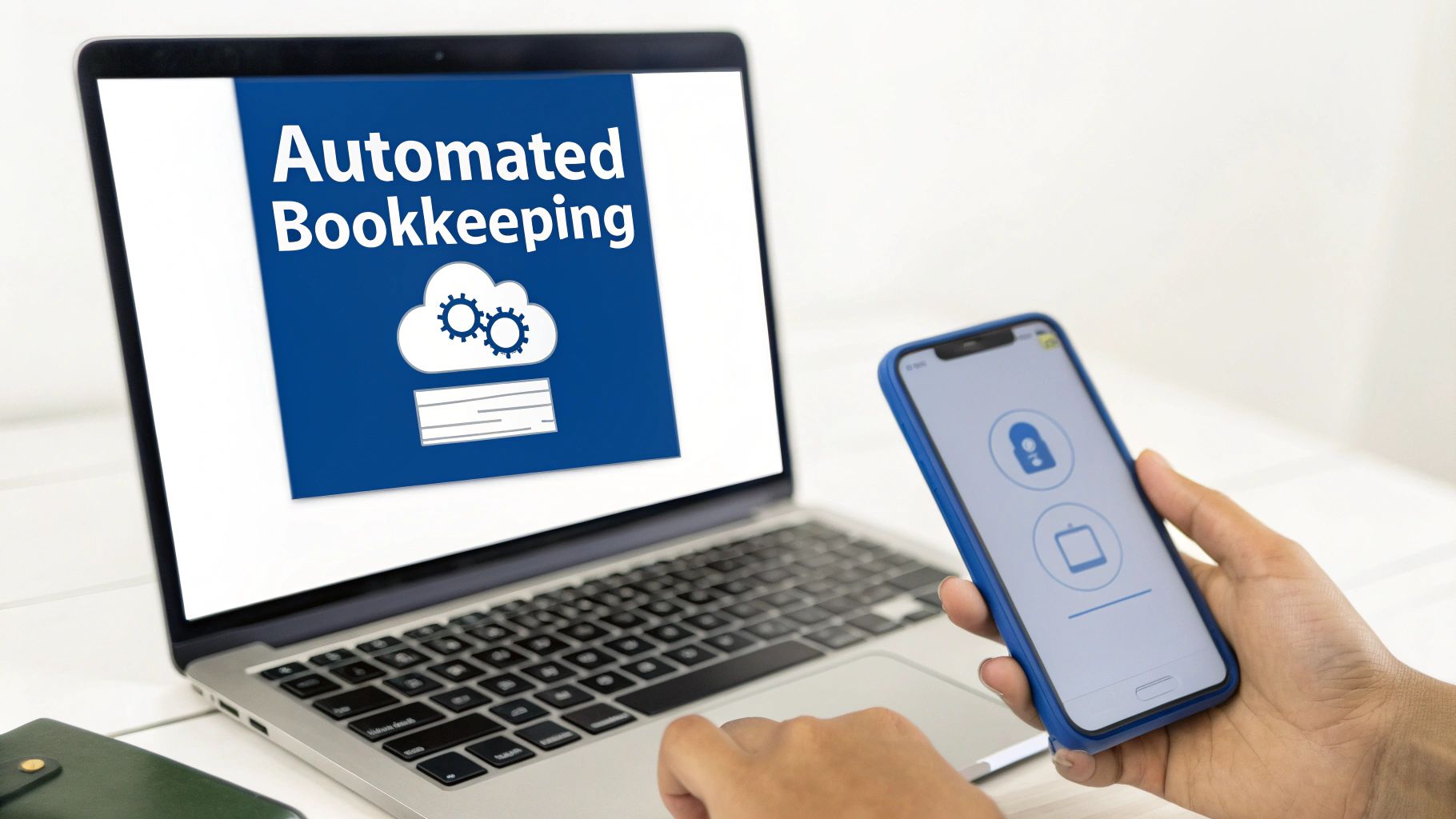 A user connects a smartphone to a laptop screen displaying "Automated Bookkeeping" with a cloud icon.
