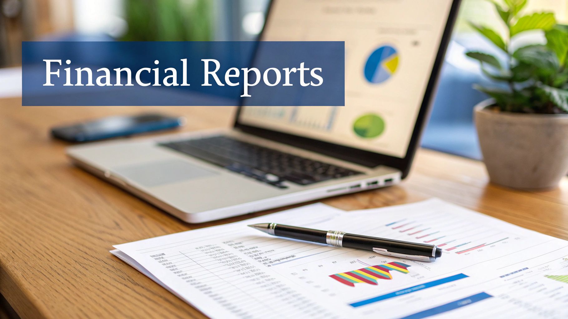A laptop displaying financial reports and charts, with documents and a pen on a wooden desk.