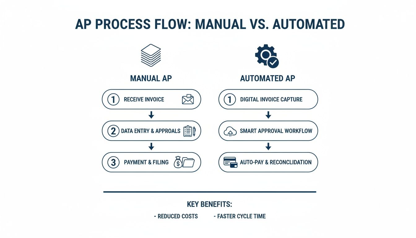 Infographic detailing manual versus automated accounts payable (AP) process flows with key benefits.