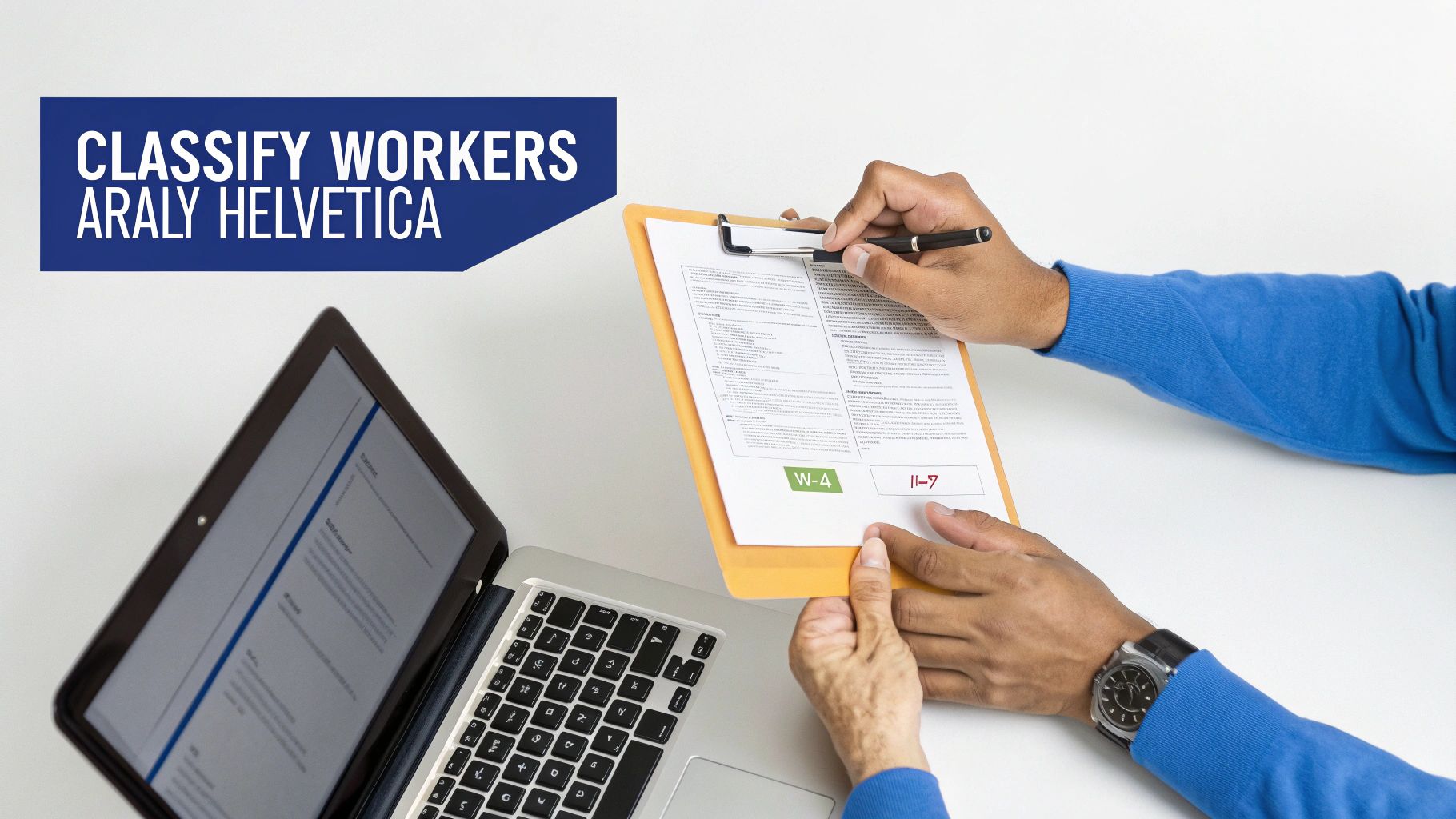 Two people reviewing a W-4 form on a clipboard next to a laptop, discussing worker classification.