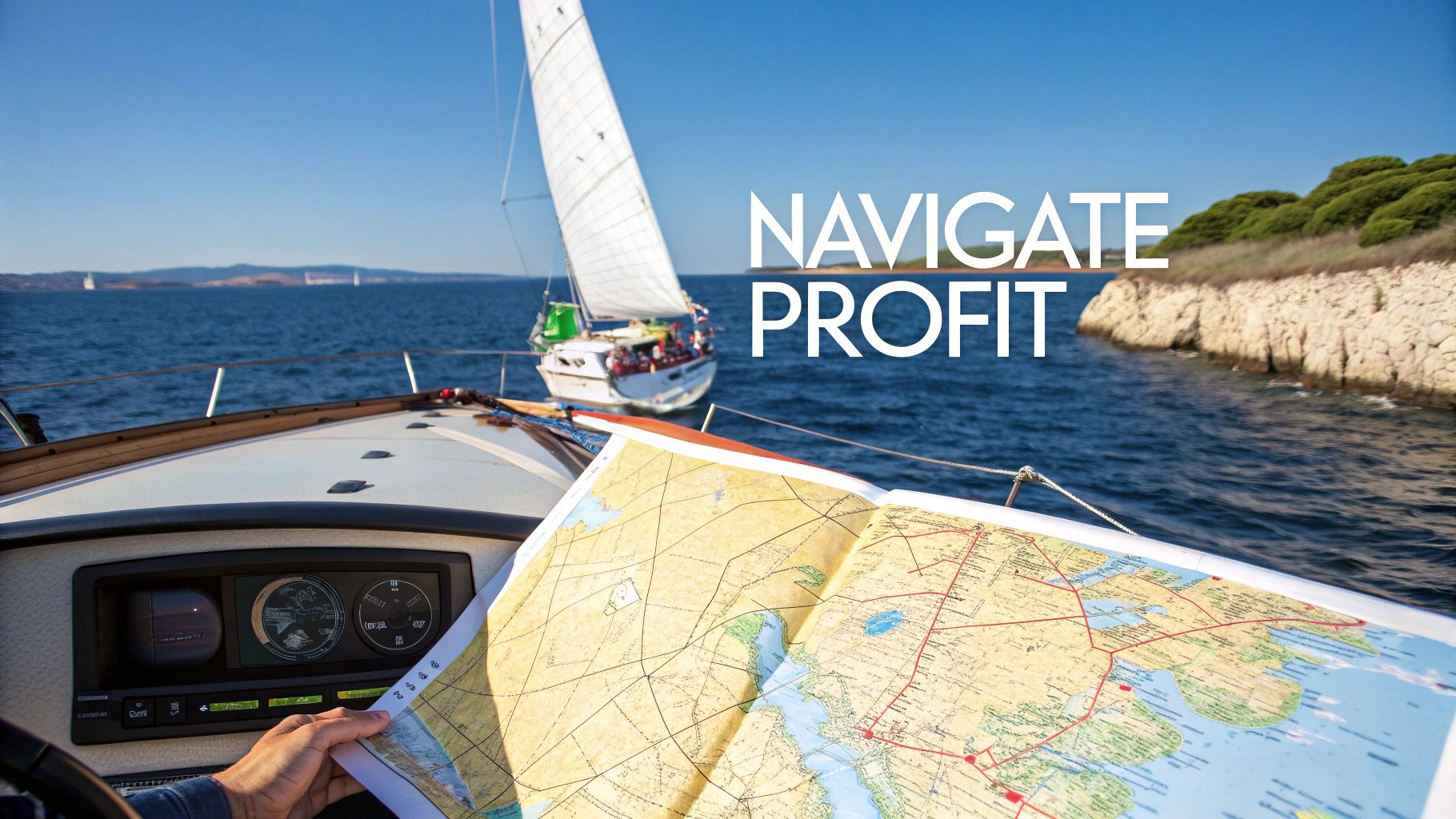 A person on a sailboat using a map and compass, symbolizing strategic profit navigation on the water.