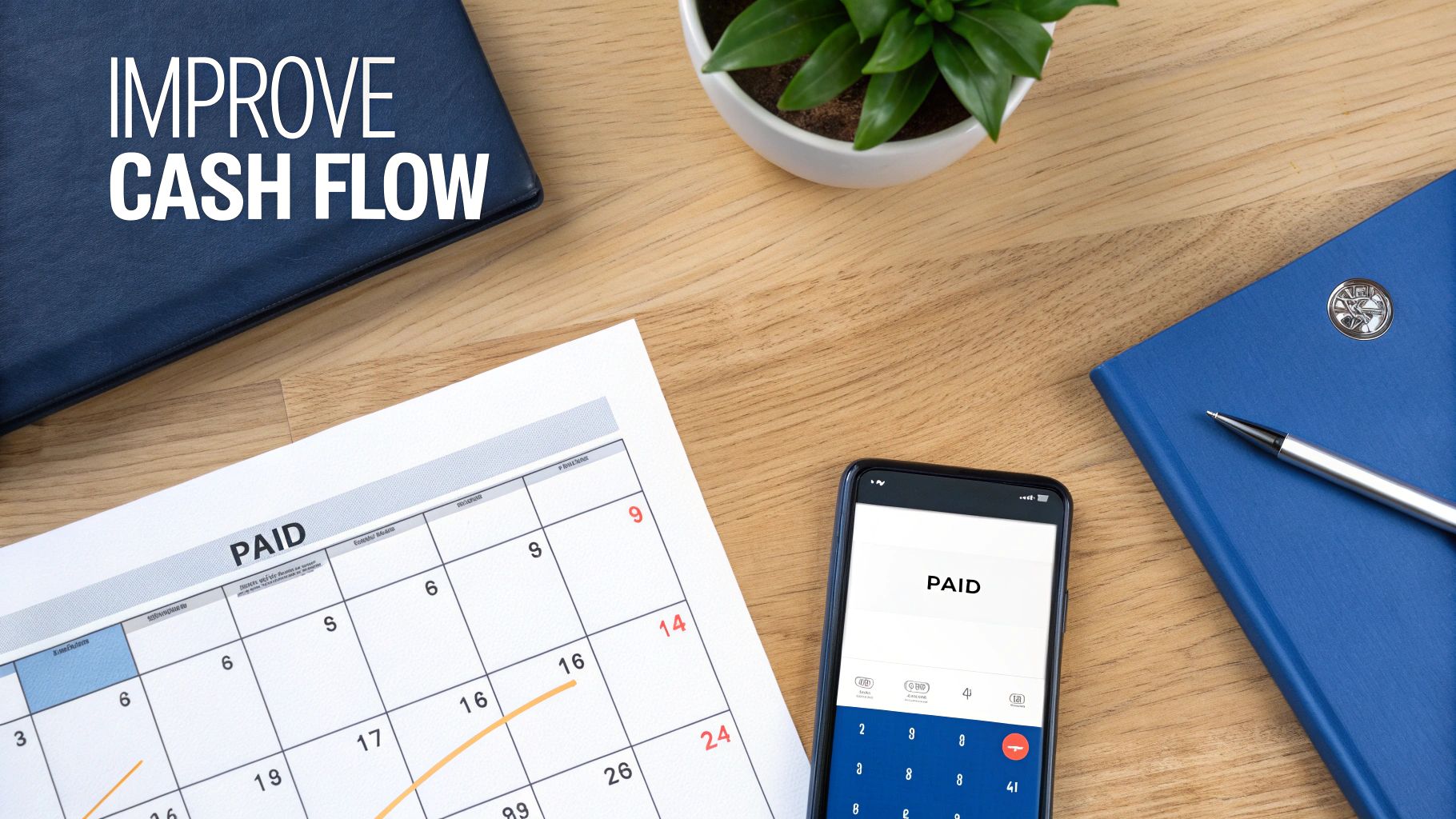 A flat lay of a desk showing 'Improve Cash Flow' binder, calendar, and smartphone.